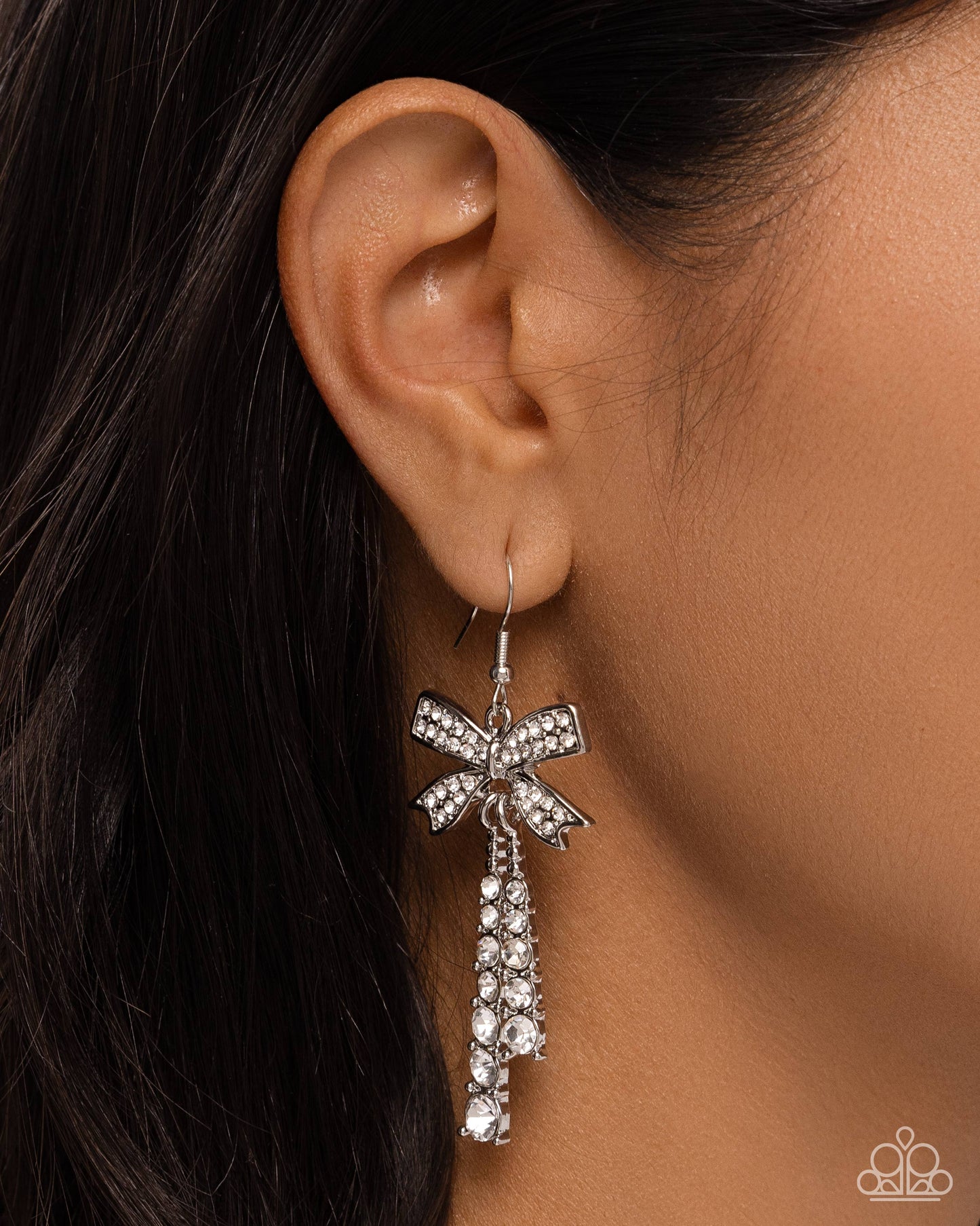 Date Night Decadence - White Rhinestone Silver Bow Fishhook Earrings - Paparazzi Accessories