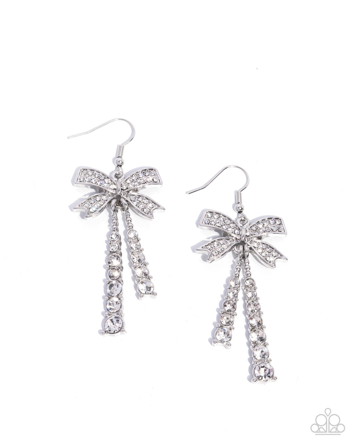 Date Night Decadence - White Rhinestone Silver Bow Fishhook Earrings - Paparazzi Accessories