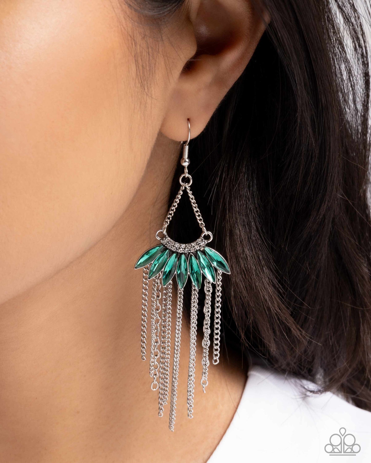 Fringe Feature - Green Marquise Gem Silver Fishhook Earrings - Paparazzi Accessories