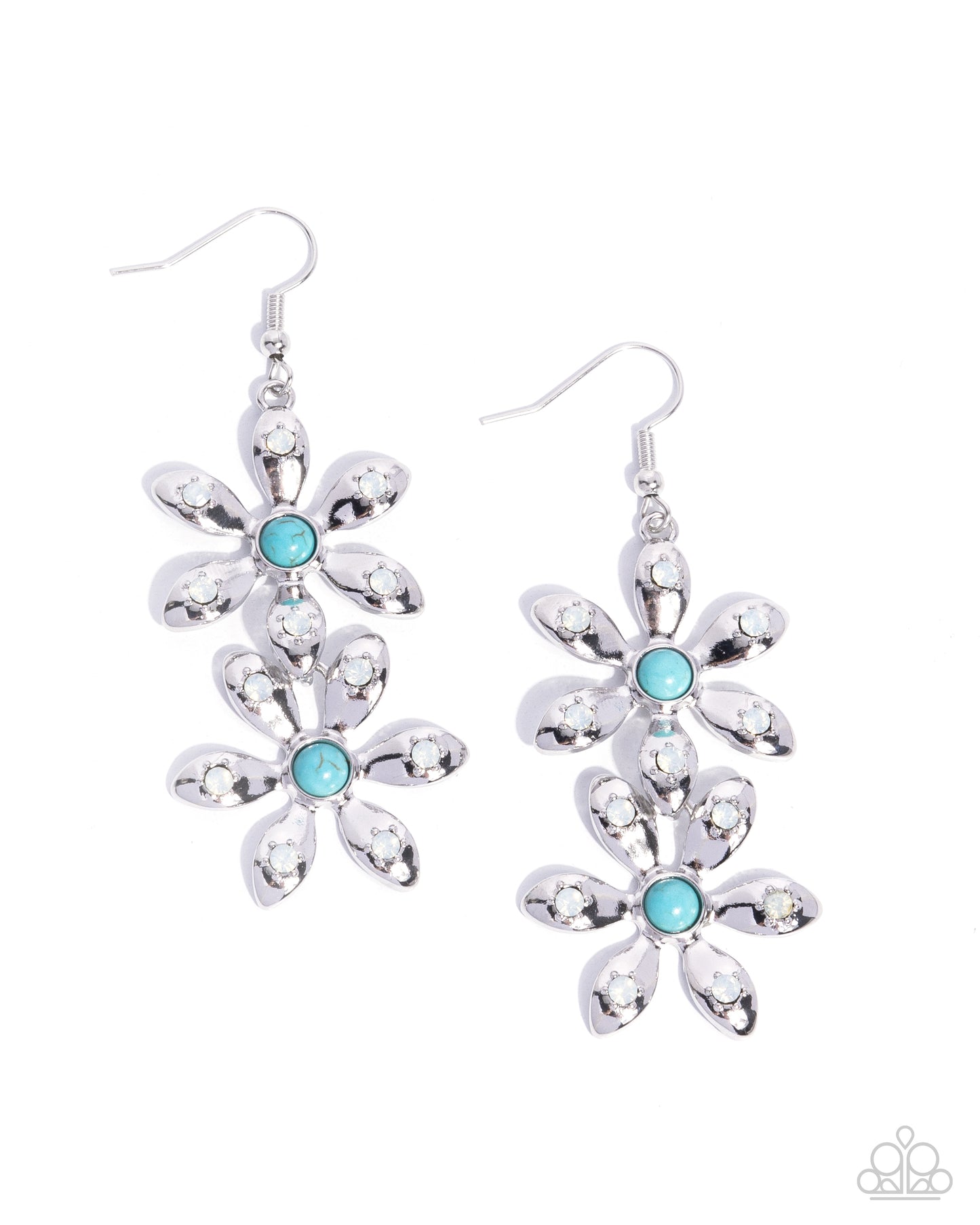 Fabulous Florals - Blue Turquoise Crackle Stone Opalescent Rhinestone Silver Flower Fishhook Earrings - Paparazzi Accessories