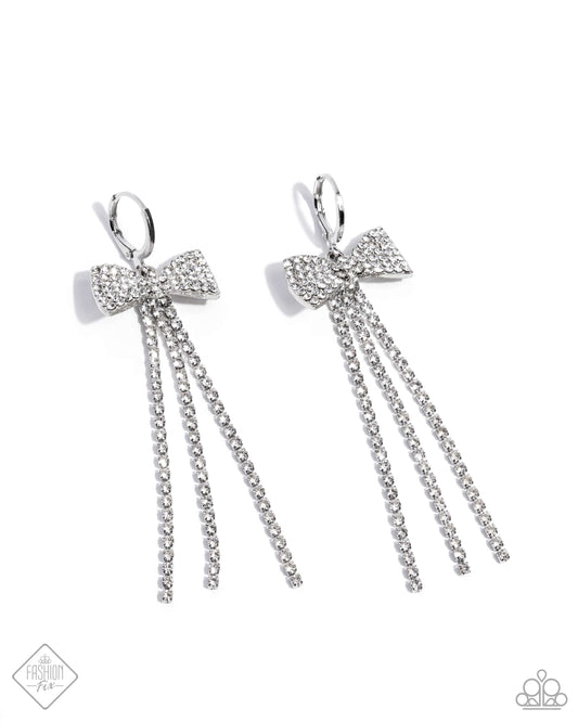 Dashing Daydream - White Rhinestone Bow Hinge Hoop Earrings - Paparazzi Accessories