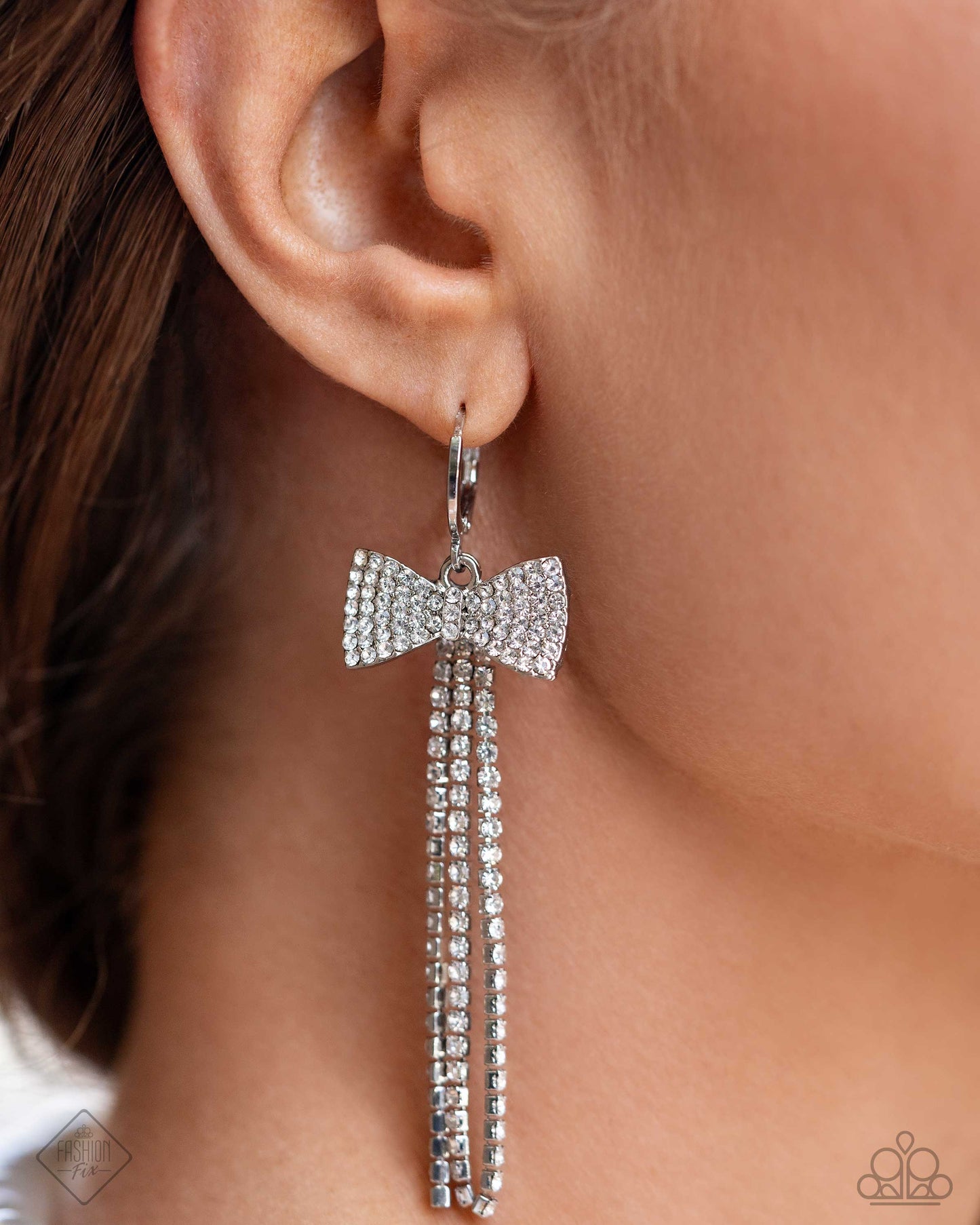 Dashing Daydream - White Rhinestone Bow Hinge Hoop Earrings - Paparazzi Accessories