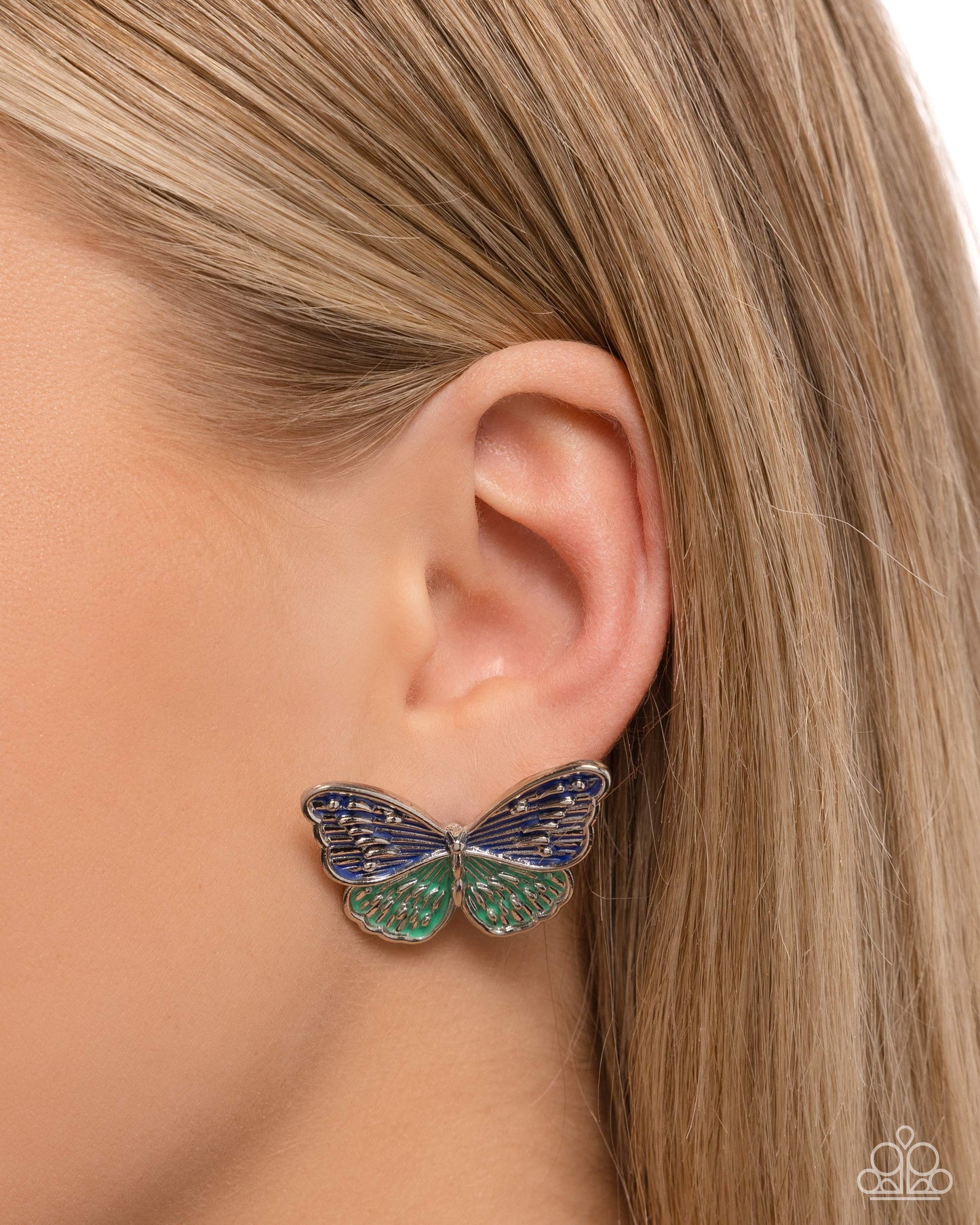 Aerial Appreciation - Blue and Green Enamel Butterfly Earrings - Paparazzi Accessories