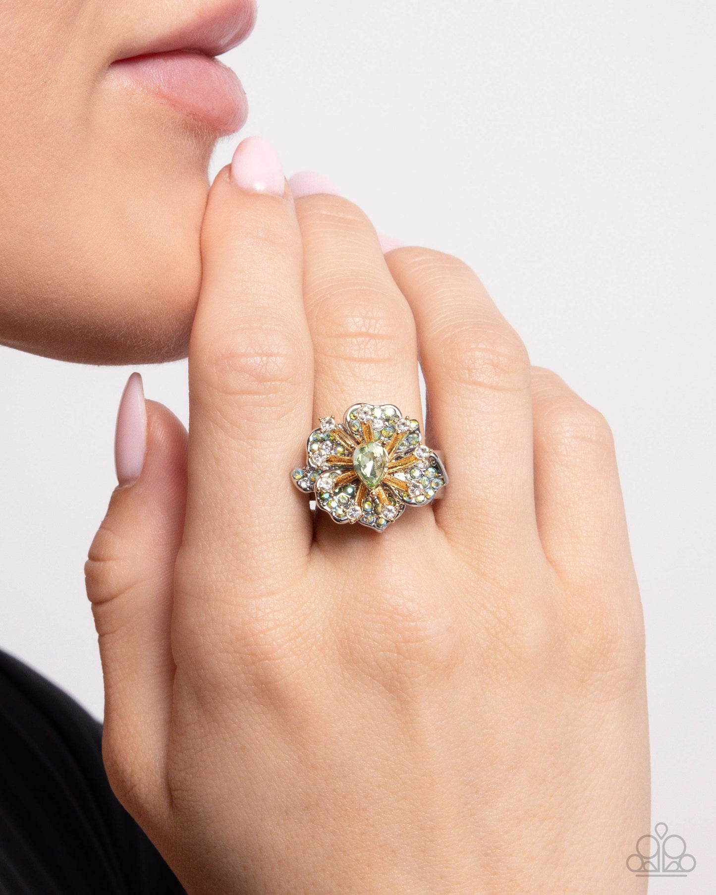 Decadent Display - Green Iridescent Rhinestone Sunburst Ring - Paparazzi Accessories