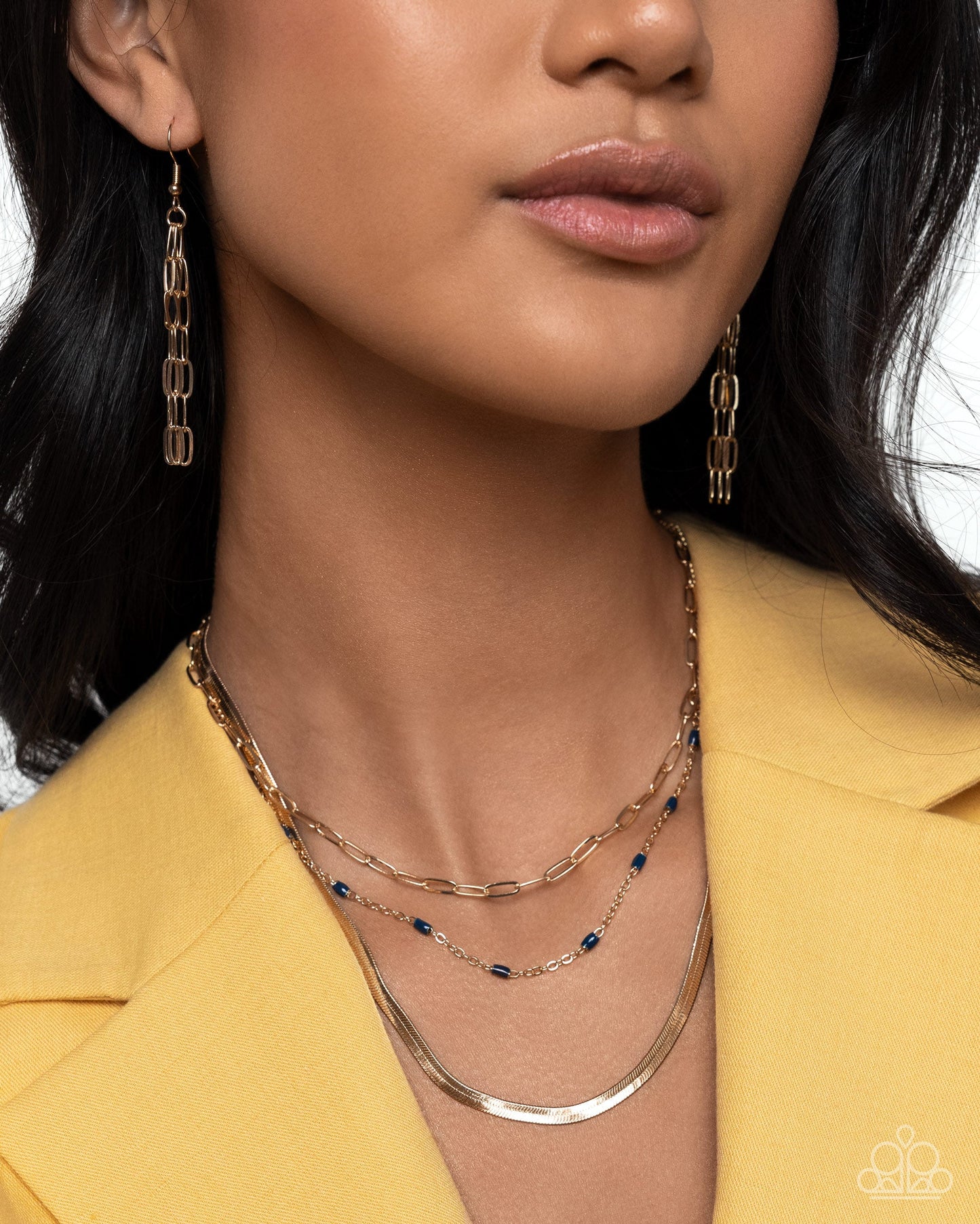 Mismatched Magic - Blue Beaded Gold Herringbone Chain Necklace - Paparazzi Accessories