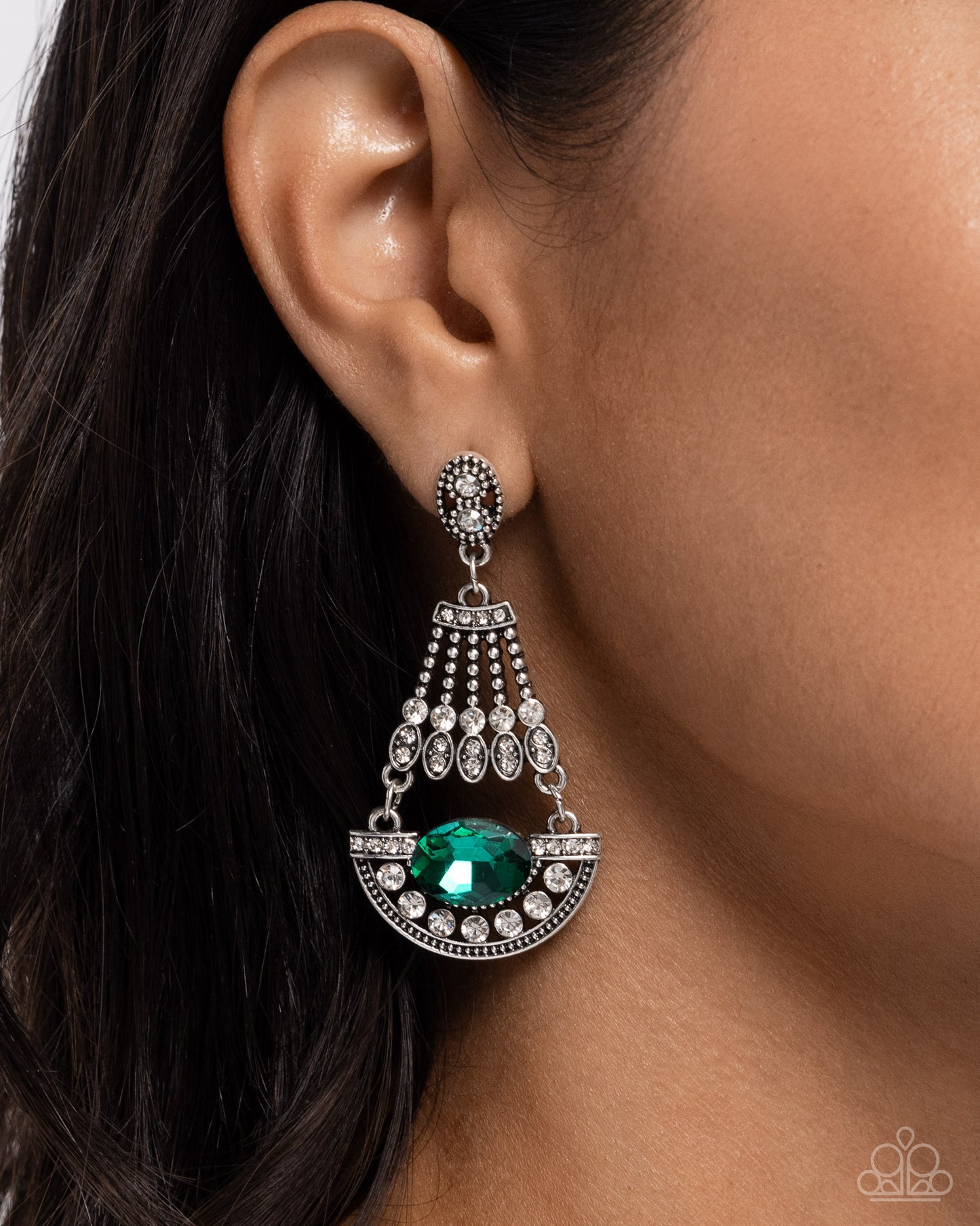 Complimentary Chandelier - Green Gem Silver Post Earrings - Paparazzi Accessories