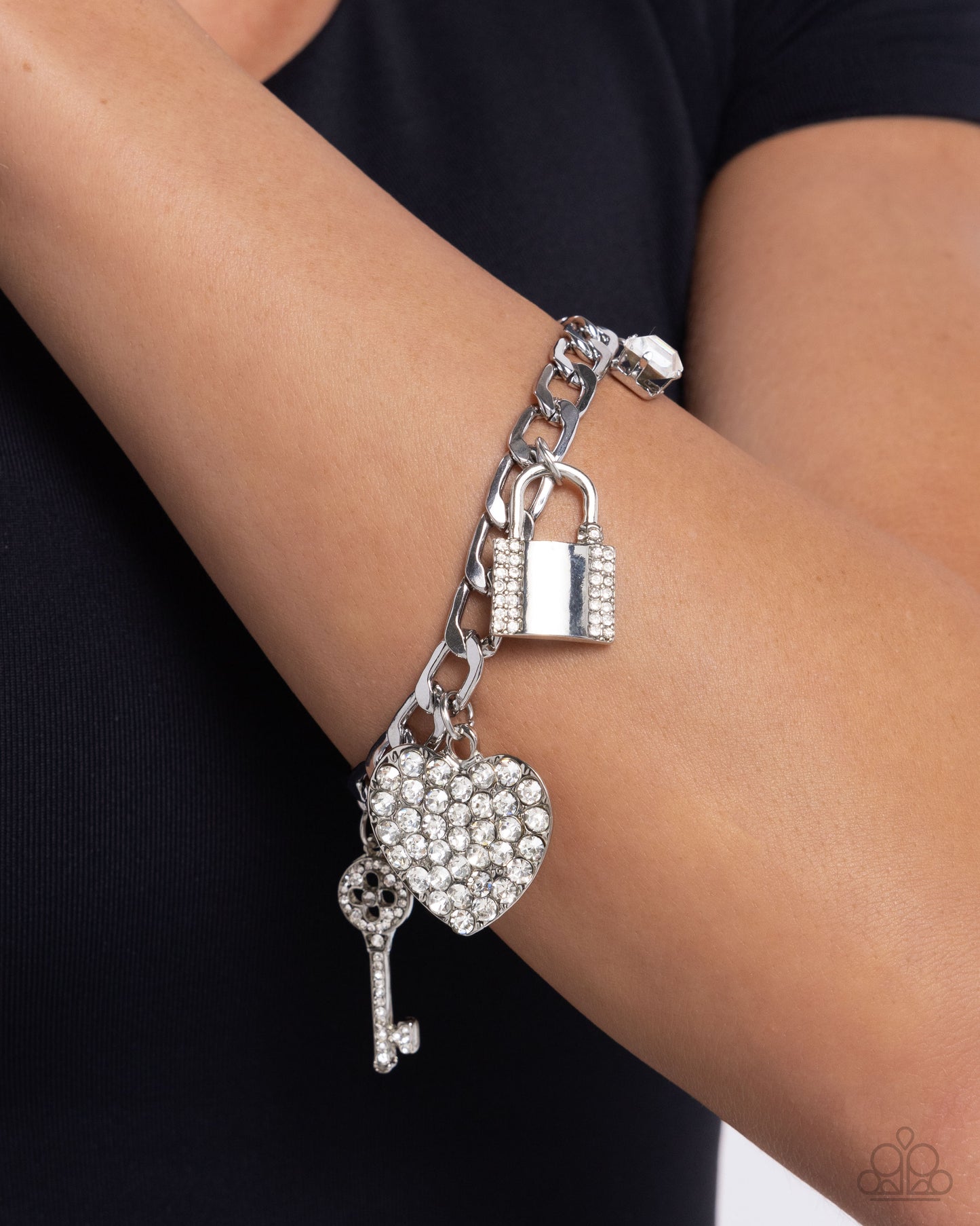 Fortified Fashion - White Rhinestone Heart Padlock Key Charm Bracelet - Paparazzi Accessories