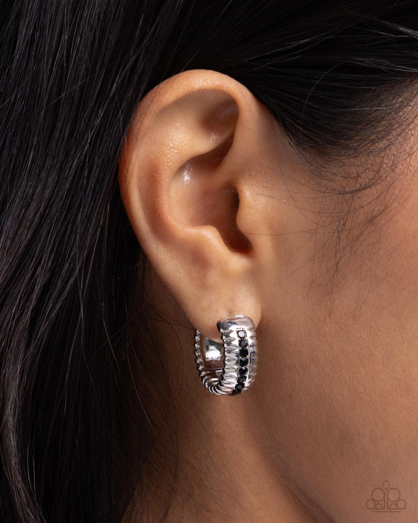 Serrated Shimmer - Black Onyx Rhinestone Silver Hinge Hoops - Paparazzi Accessories