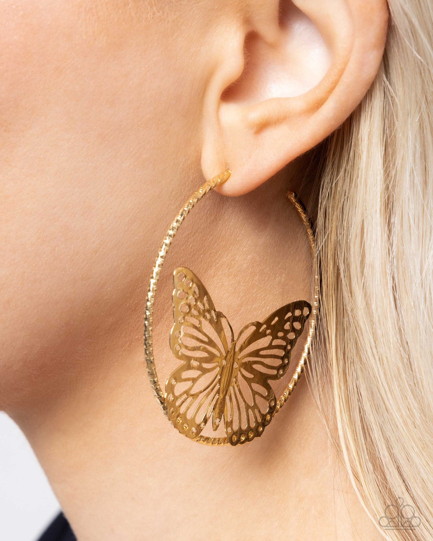 Aerial Alias - Gold Butterfly Hoop Earrings - Paparazzi Accessories