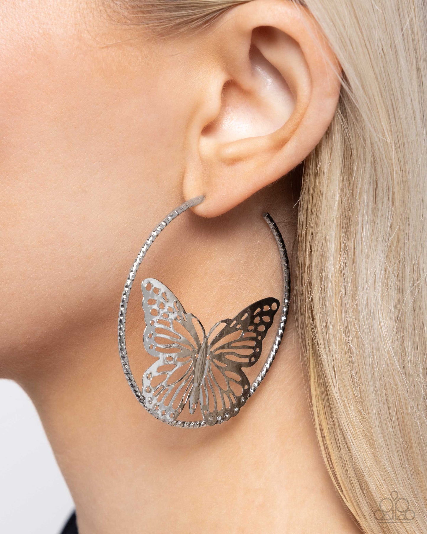 Aerial Alias - Silver Butterfly Hoop Earrings - Paparazzi Accessories
