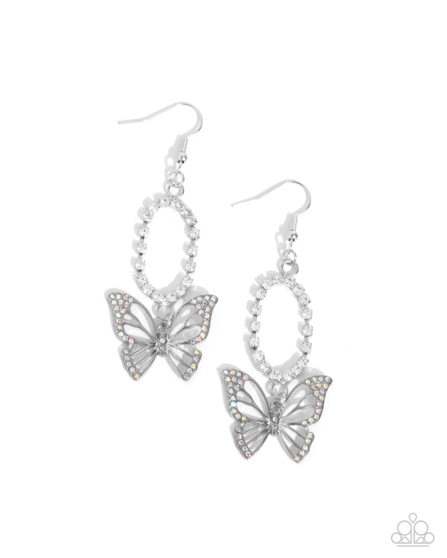 Aerial Avenue - Multi Iridescent & White Rhinestone Butterfly Fishhook Earrings - Paparazzi Accessories