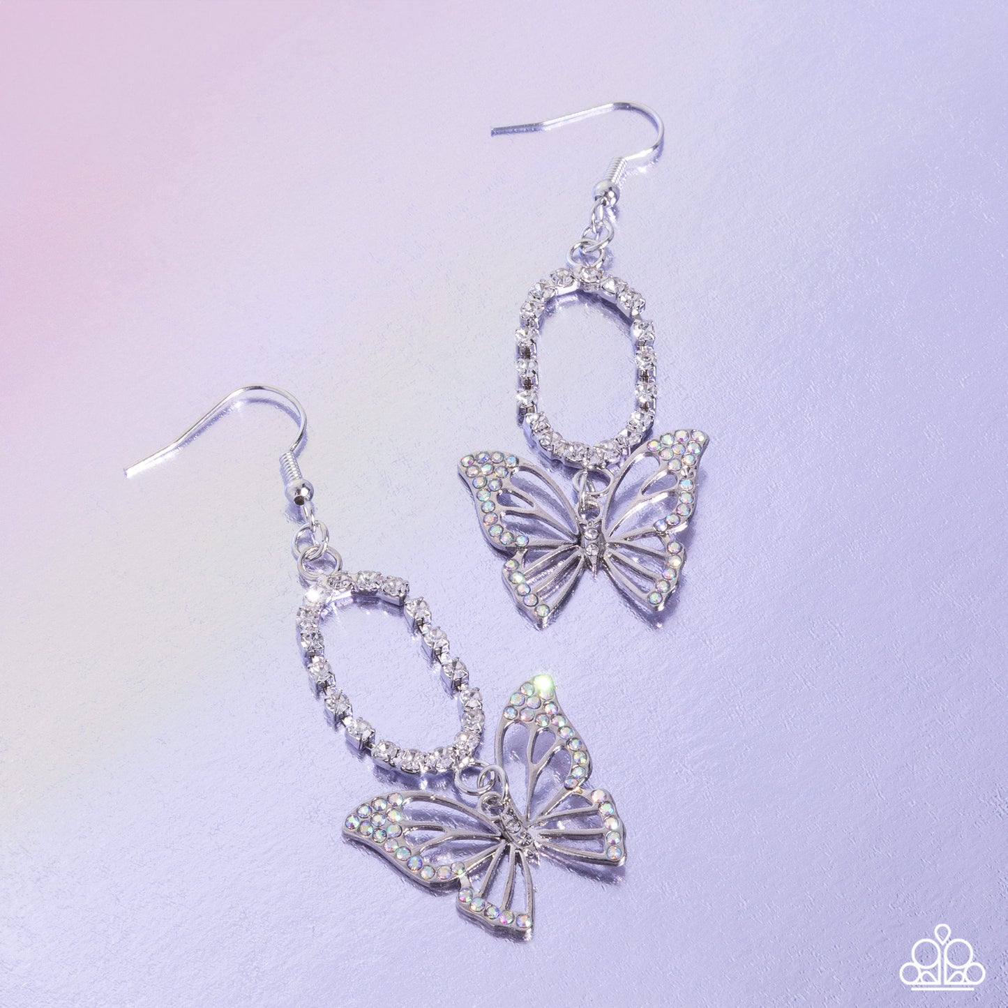 Aerial Avenue - Multi Iridescent & White Rhinestone Butterfly Fishhook Earrings - Paparazzi Accessories
