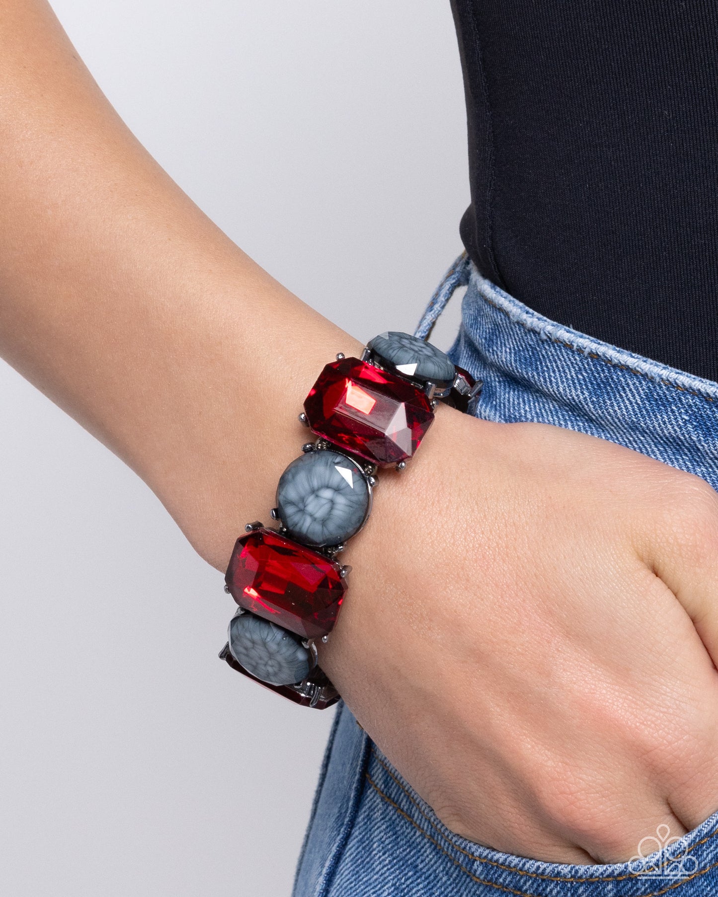 Cloudy Conversation - Red Gem & Marbled Resin Gunmetal Stretchy Bracelet - Paparazzi Accessories