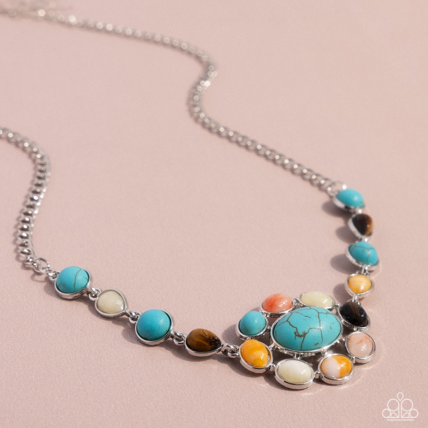 Enigmatic Ease - Blue, Tiger's Eye, Peach Stones Silver Necklace - Paparazzi Accessories