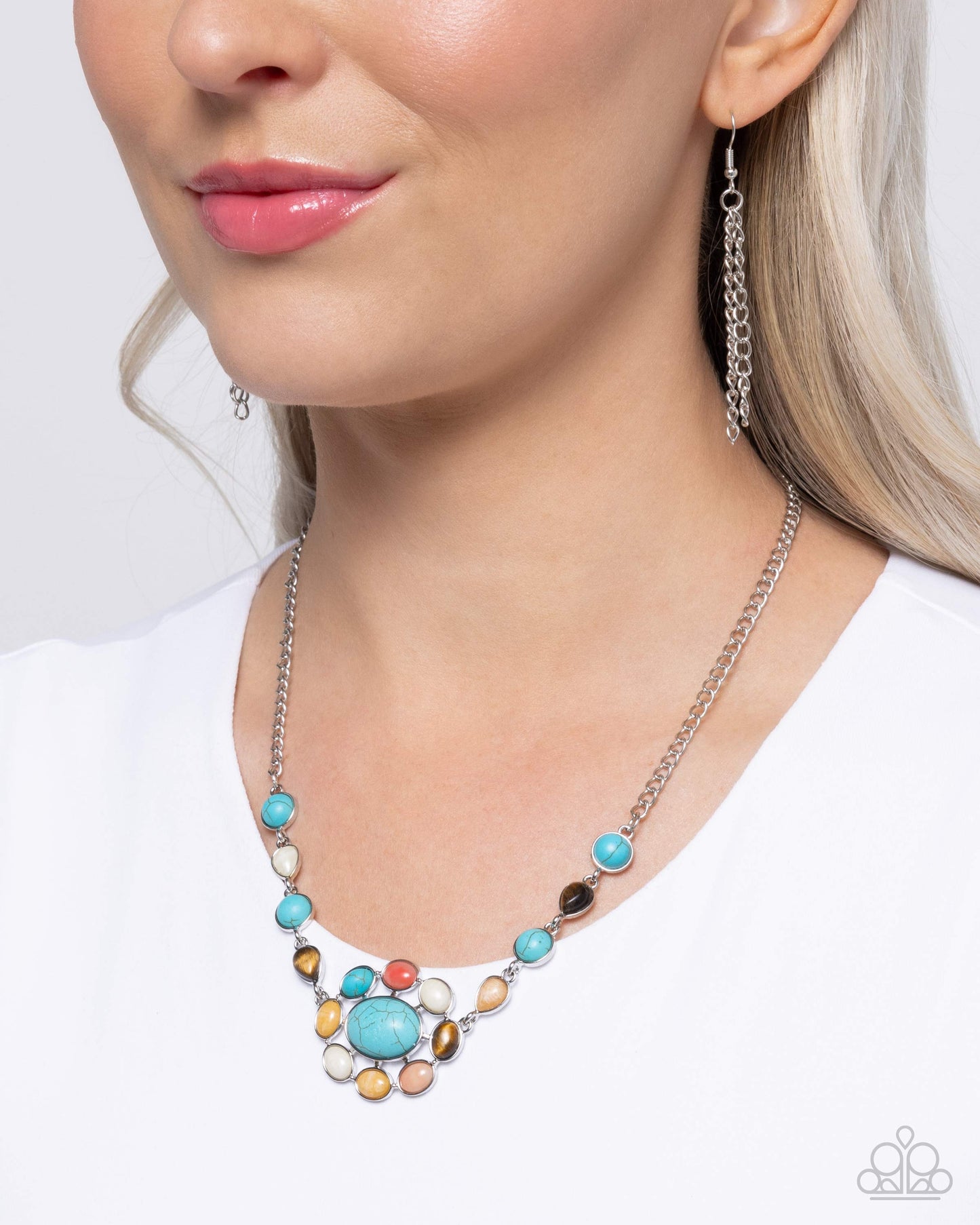 Enigmatic Ease - Blue, Tiger's Eye, Peach Stones Silver Necklace - Paparazzi Accessories