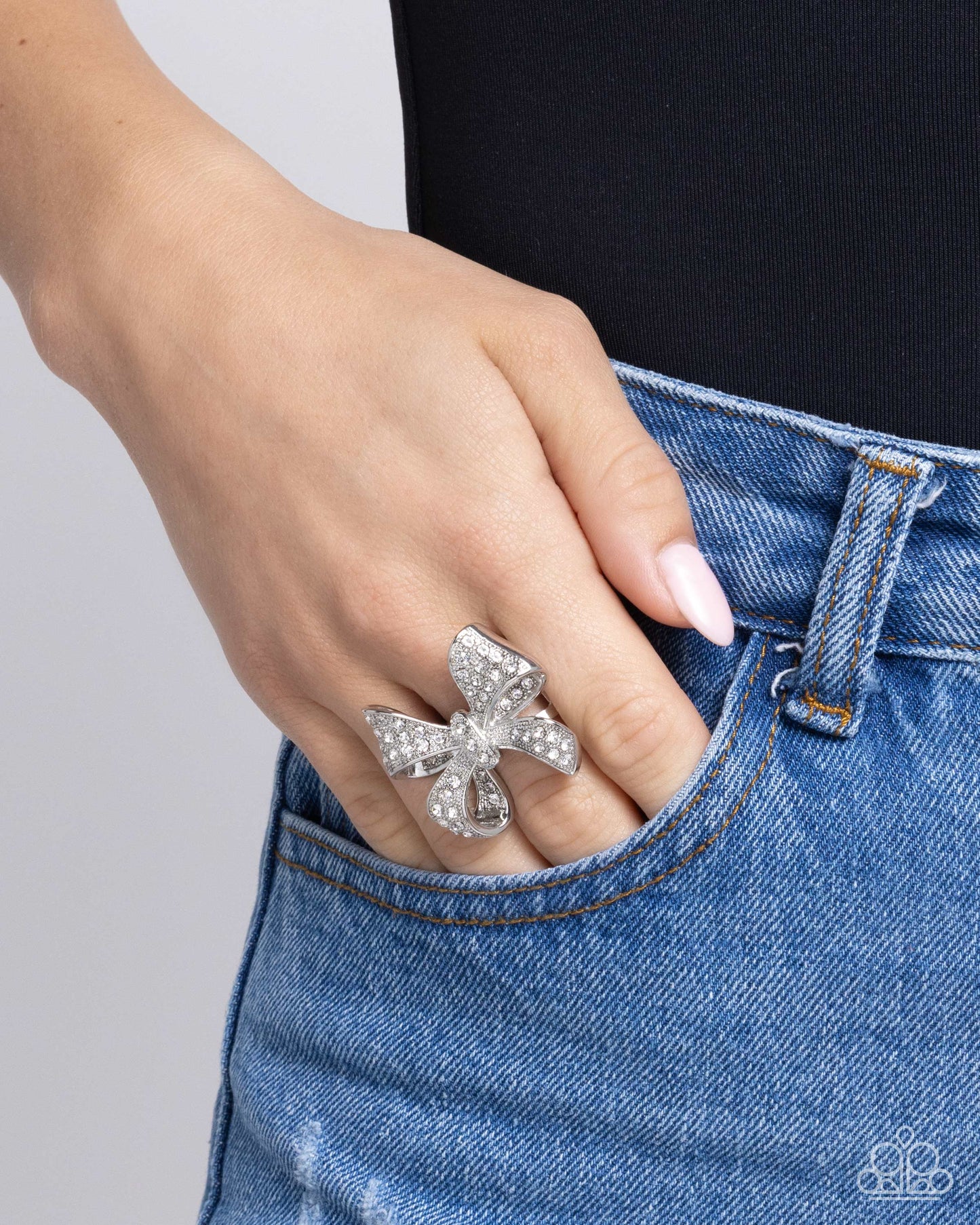 Sweetheart Souvenir - White Rhinestone Bow Ring - Paparazzi Accessories