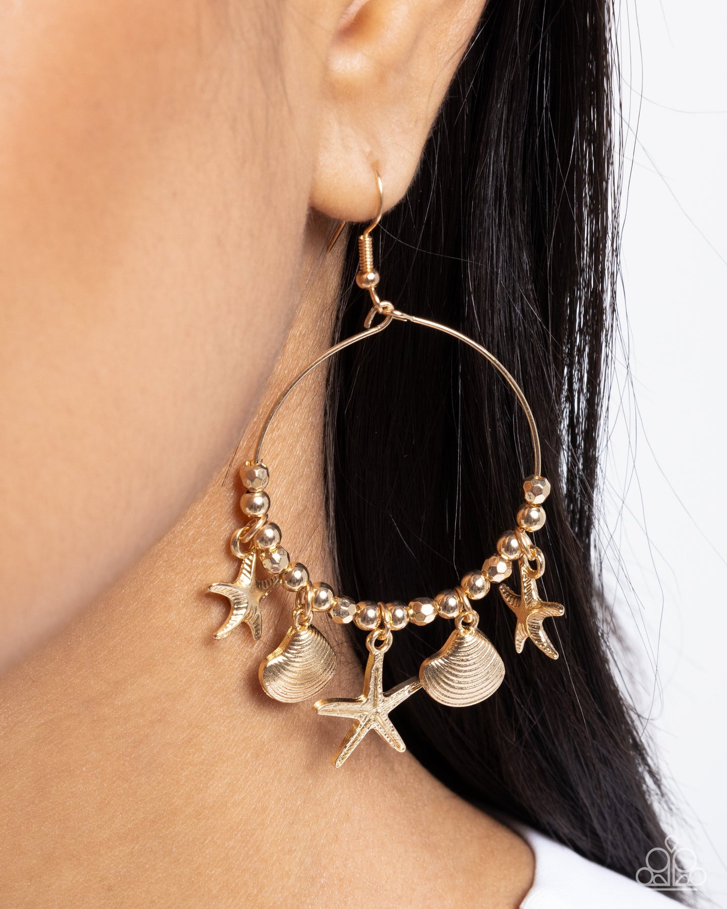 Coastal Conversation - Gold Starfish & Seashells Charms Fishhook Earrings - Paparazzi Accessories