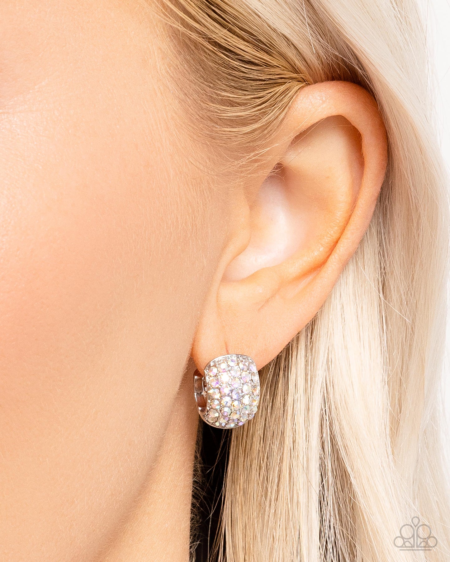 All Dressed UPSCALE - Multi Iridescent Rhinestone Silver Hinge Hoop Earrings - Paparazzi Accessories