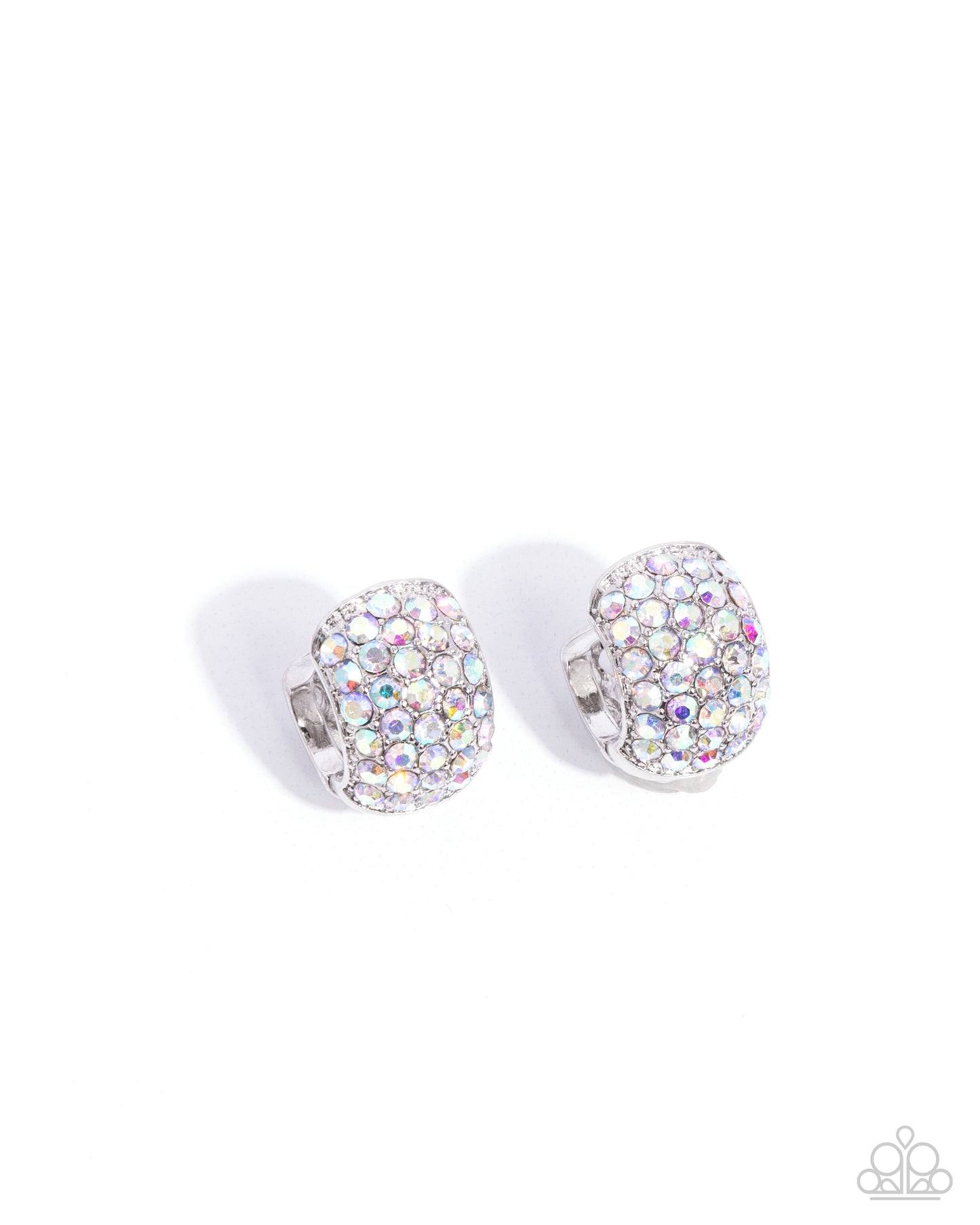 All Dressed UPSCALE - Multi Iridescent Rhinestone Silver Hinge Hoop Earrings - Paparazzi Accessories