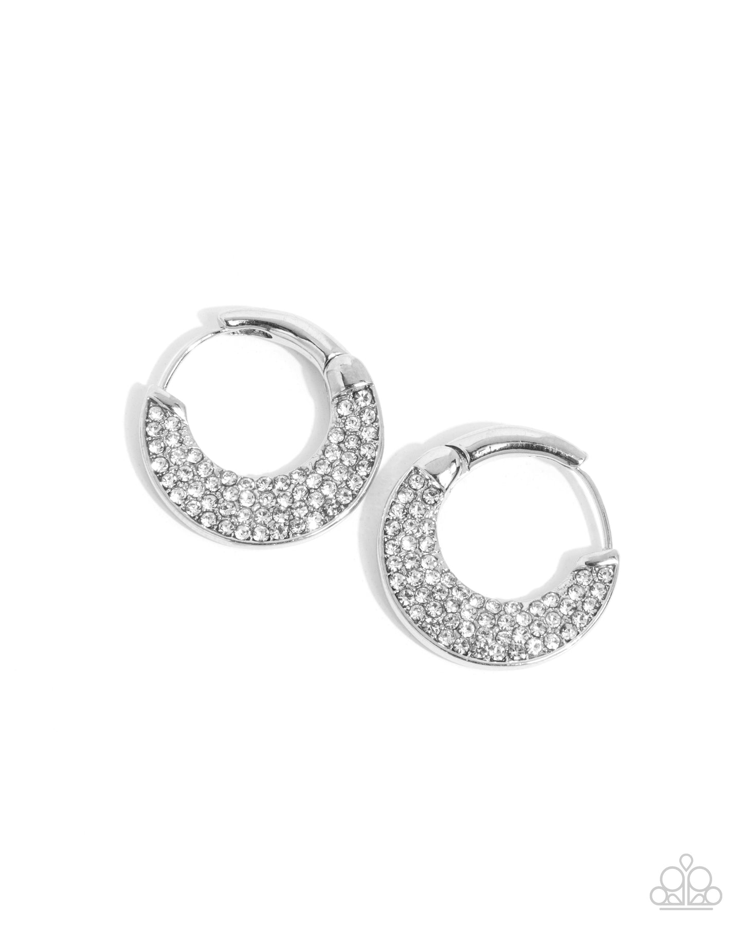 Winking Whimsy - White Rhinestone Silver Hinge Hoop Earrings - Paparazzi Accessories