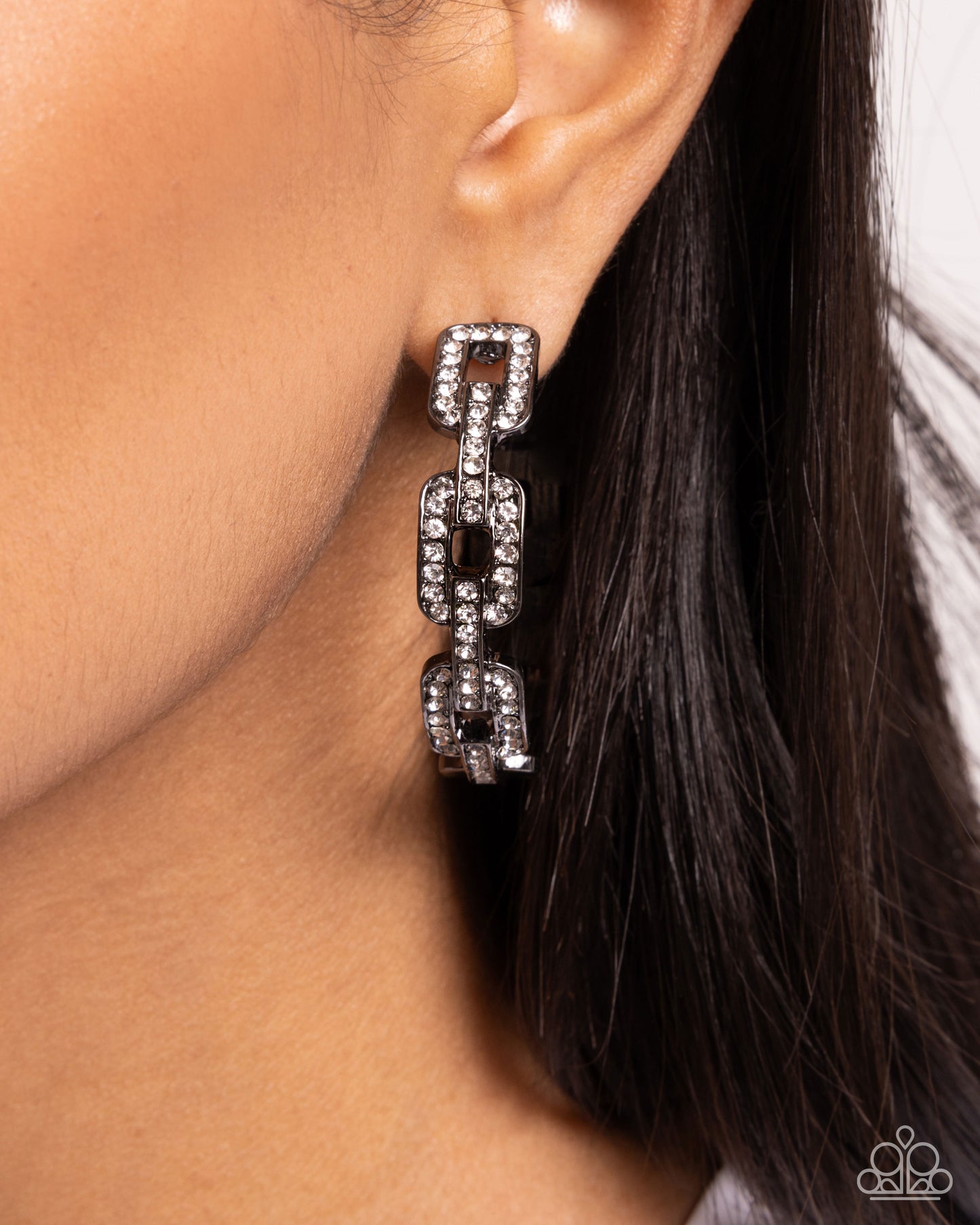 Downtown Decadence - Black - Gunmetal Chain Link White Rhinestone Hoop Earrings - Paparazzi Accessories