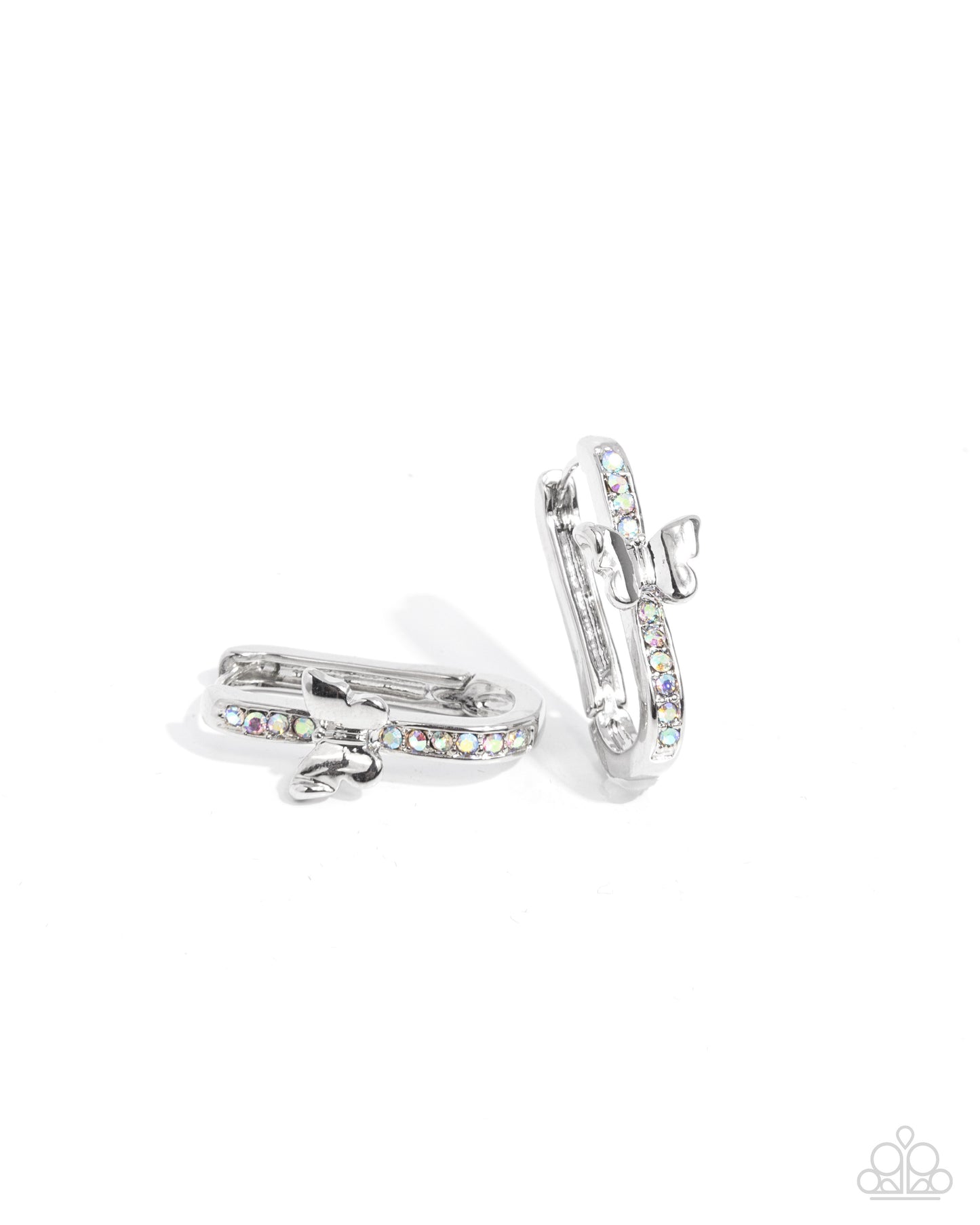 Aerial Authority - Multi Iridescent Rhinestone Silver Butterfly Hinge Hoop Earrings - Paparazzi Accessories