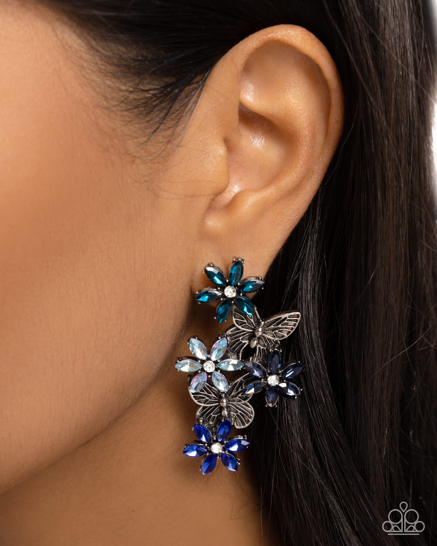 Aerial Award - Blue Multi & Iridescent Gem Flower Silver Butterfly Post Earrings - Paparazzi Accessories