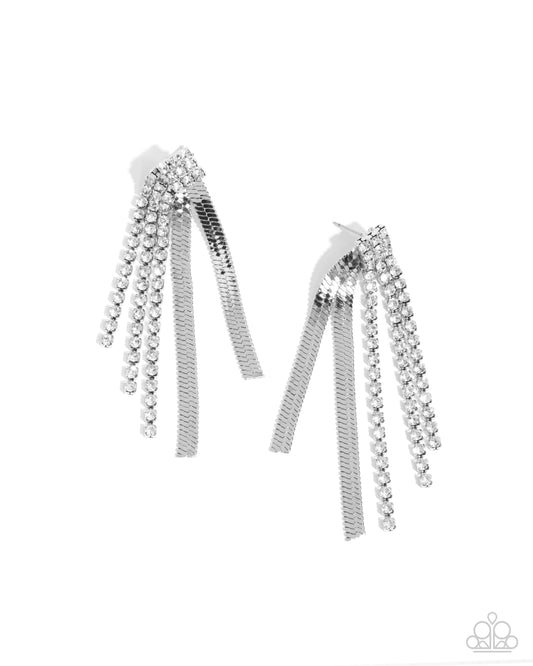 Dramatic Downpour - White Rhinestone Post Earrings - Paparazzi Accessories