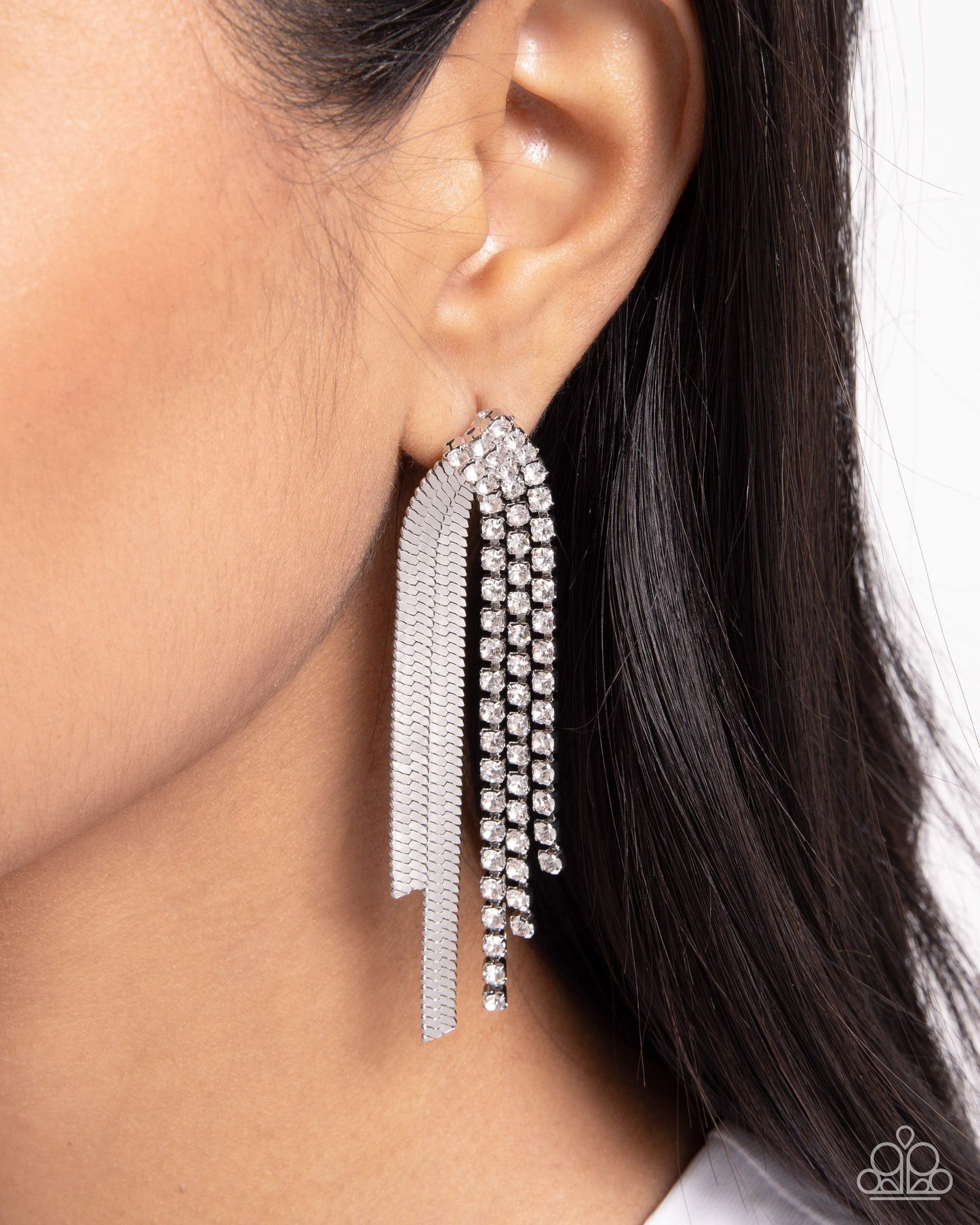 Dramatic Downpour - White Rhinestone Post Earrings - Paparazzi Accessories