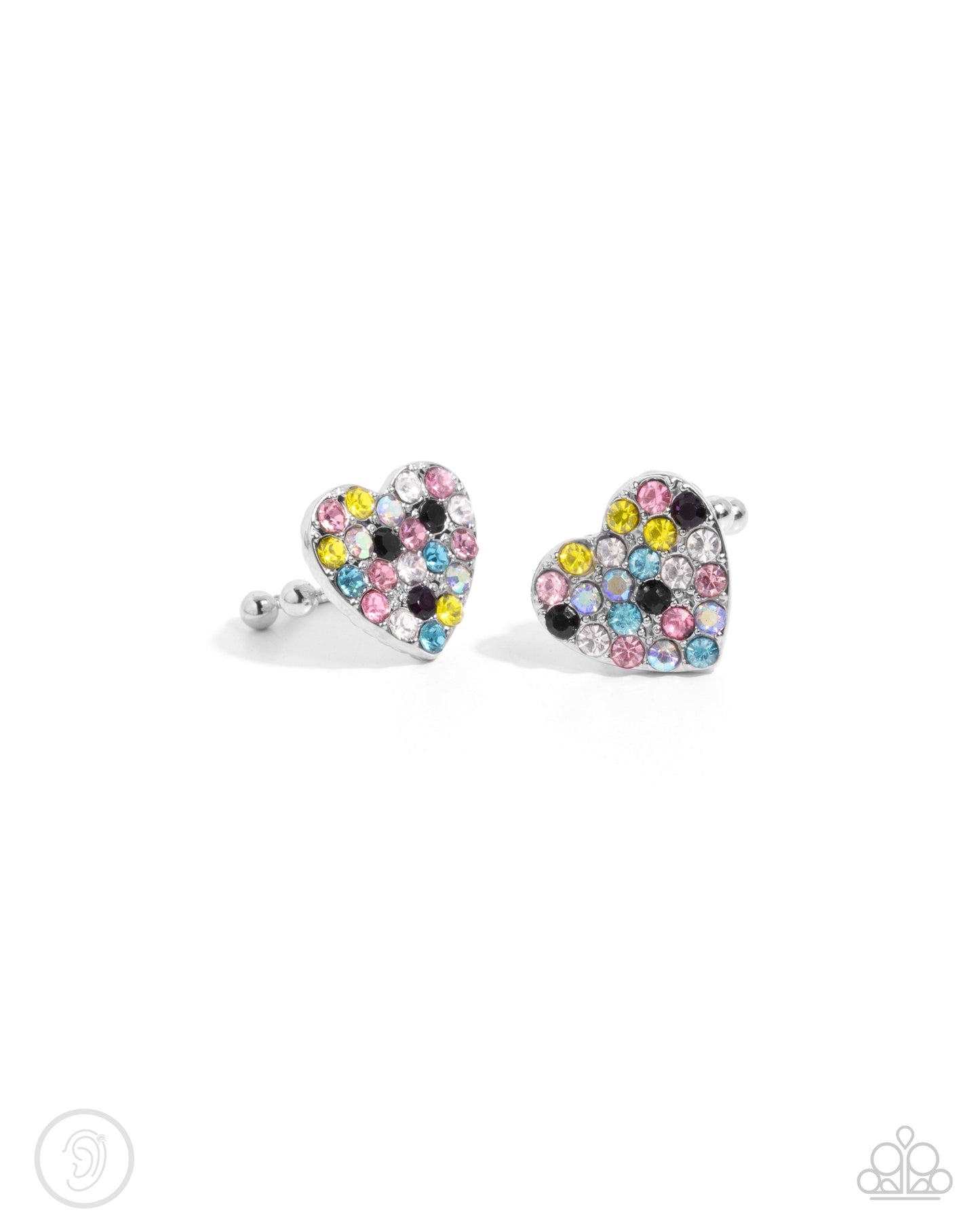 As Far As It GLOWS - Multi & Iridescent Rhinestone Heart Silver Ear Cuff Earrings - Paparazzi Accessories