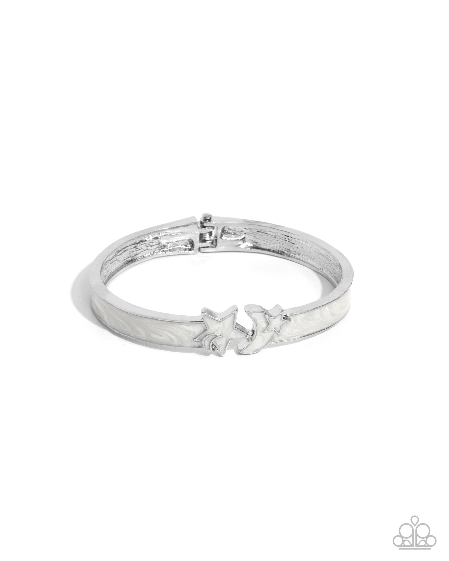 Celestial Cutie - White Pearl Painted Silver Moon & Star Hinge Bracelet - Paparazzi Accessories