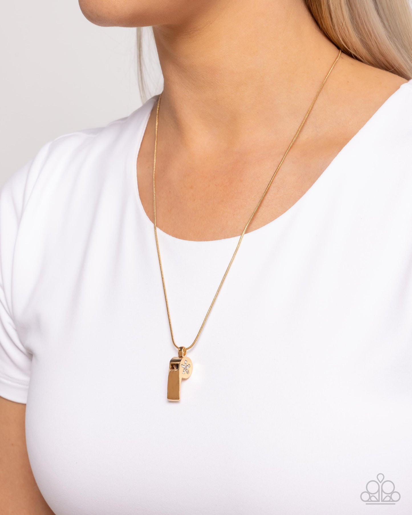 Coach Charisma - Gold Whistle White Rhinestone Necklace - Paparazzi Accessories