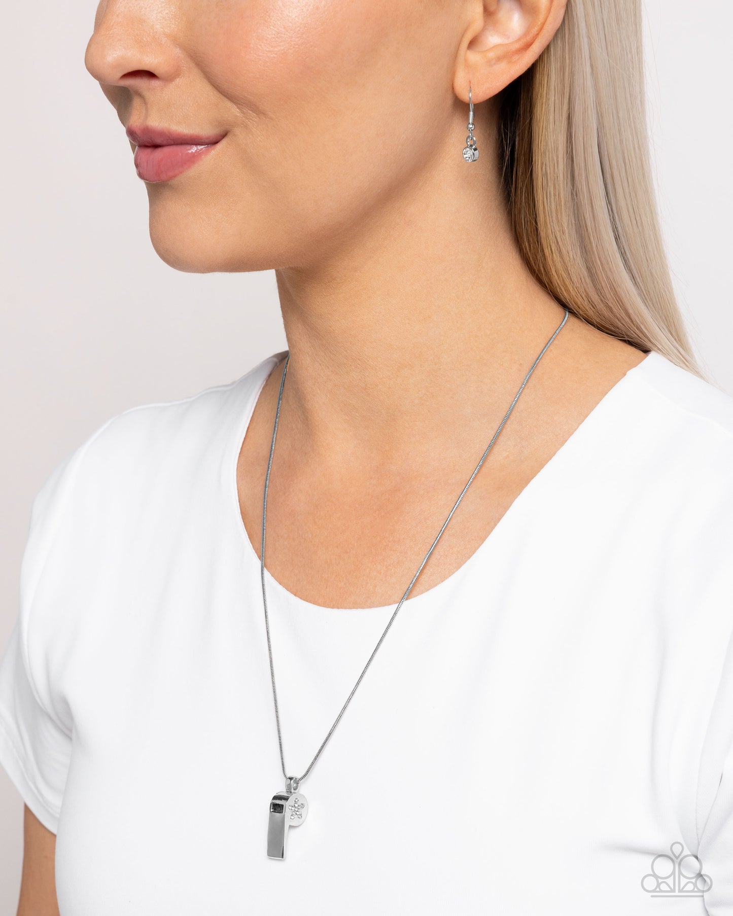 Coach Charisma - White Rhinestone Silver Whistle Necklace - Paparazzi Accessories