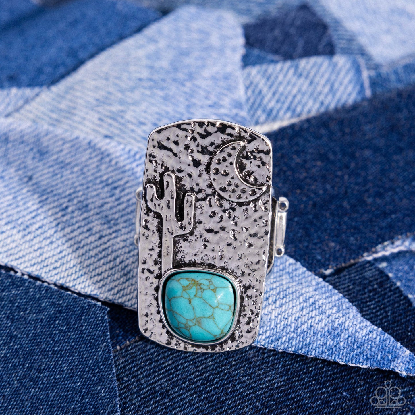 Desert Landscape - Blue Crackle Stone Silver Cactus & Moon Ring - Paparazzi Accessories