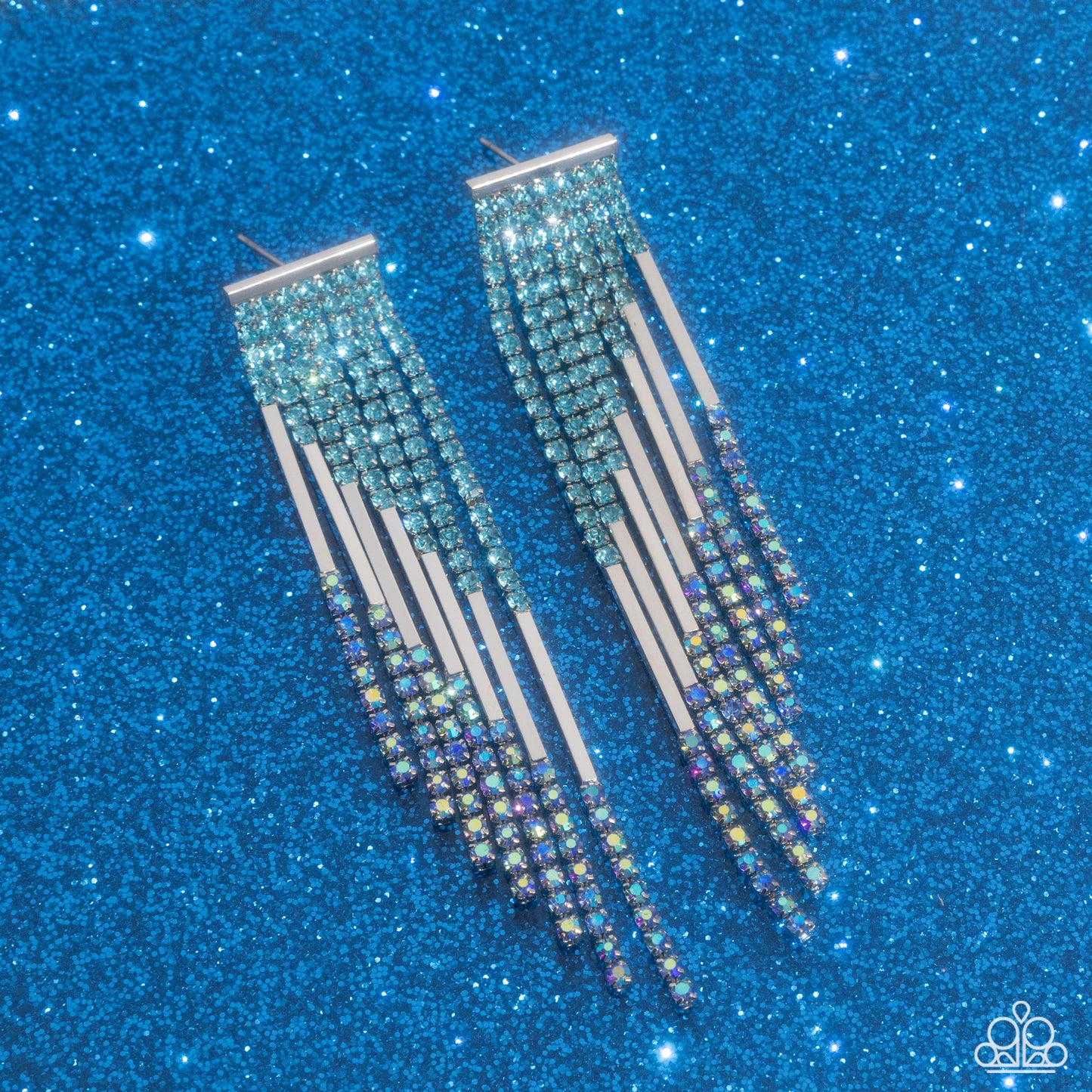 Careless Cascade - Blue Iridescent Rhinestone Silver Post Earrings - Paparazzi Accessories
