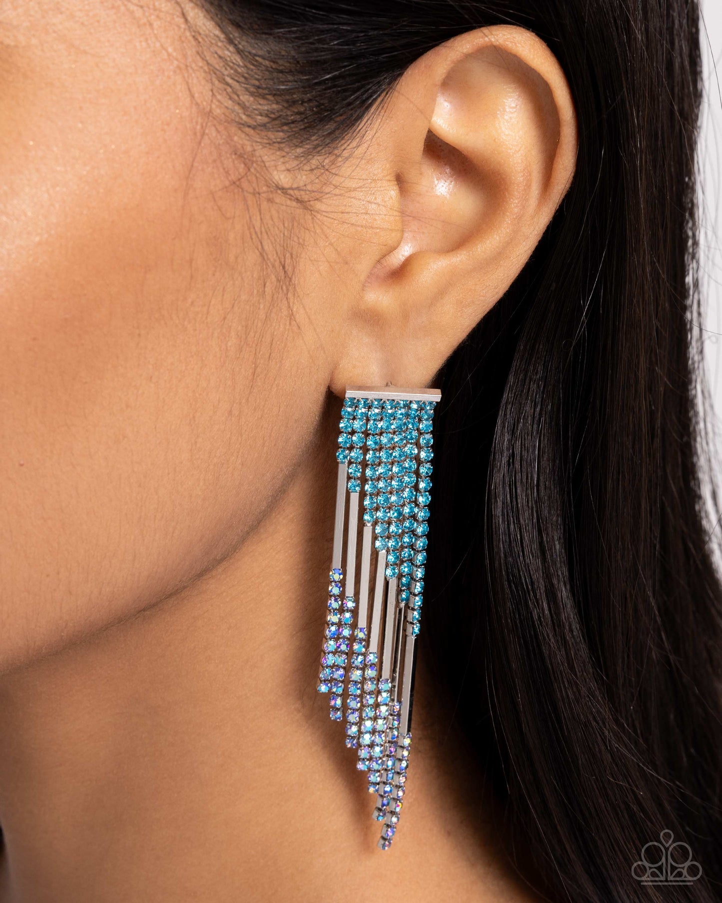 Careless Cascade - Blue Iridescent Rhinestone Silver Post Earrings - Paparazzi Accessories