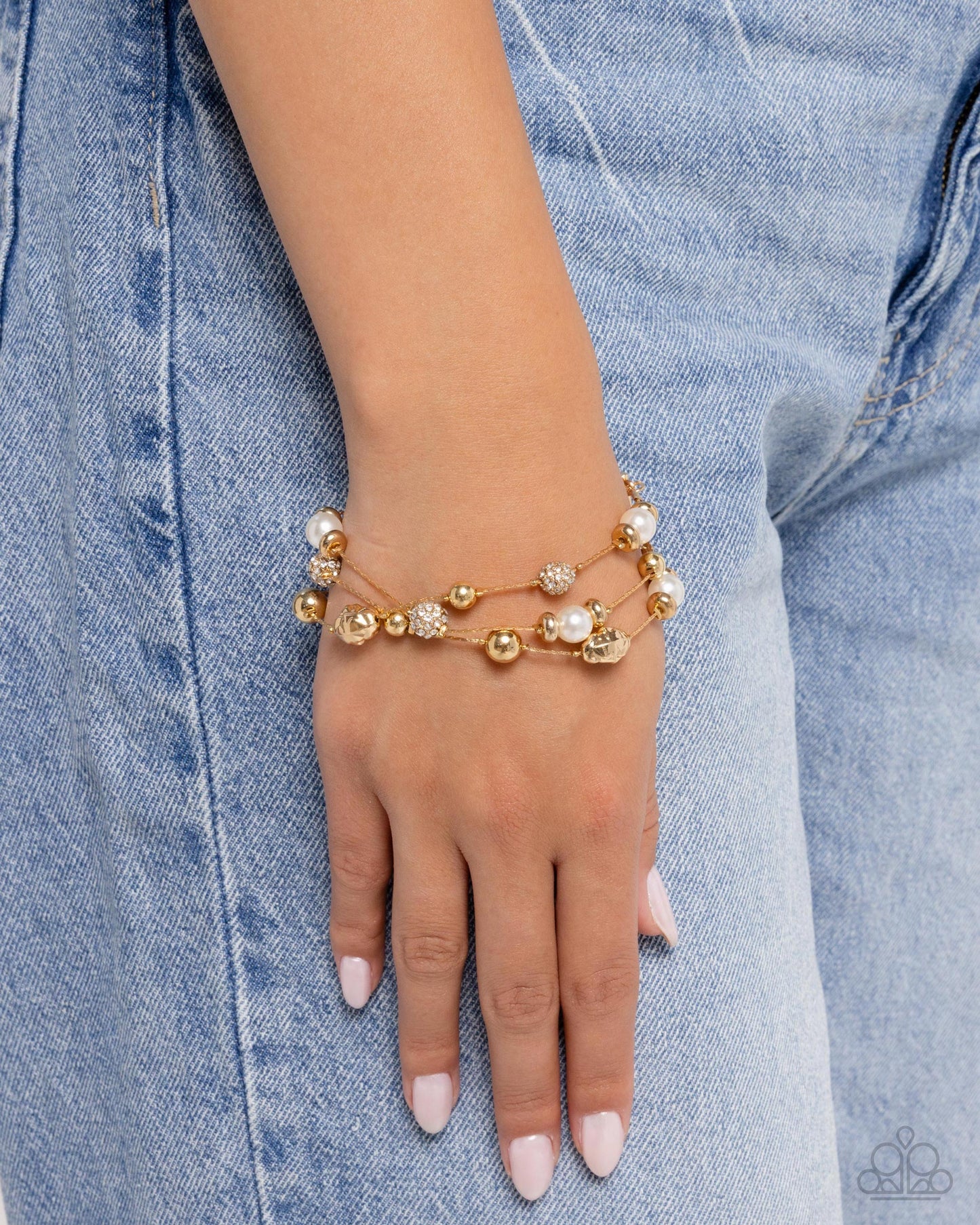 Classy Cruise - Gold, Pearl, White Rhinestone Clasp Bracelet - Paparazzi Accessories