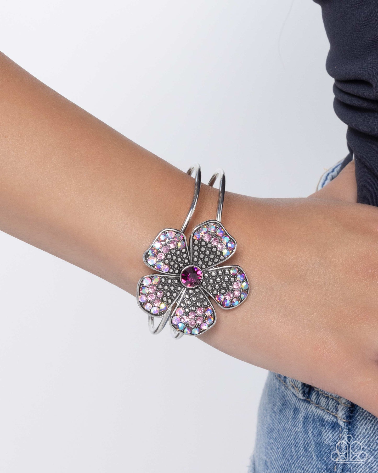 Bedazzled Bloom - Purple Rhinestone Flower Hinge Bracelet - Paparazzi Accessories