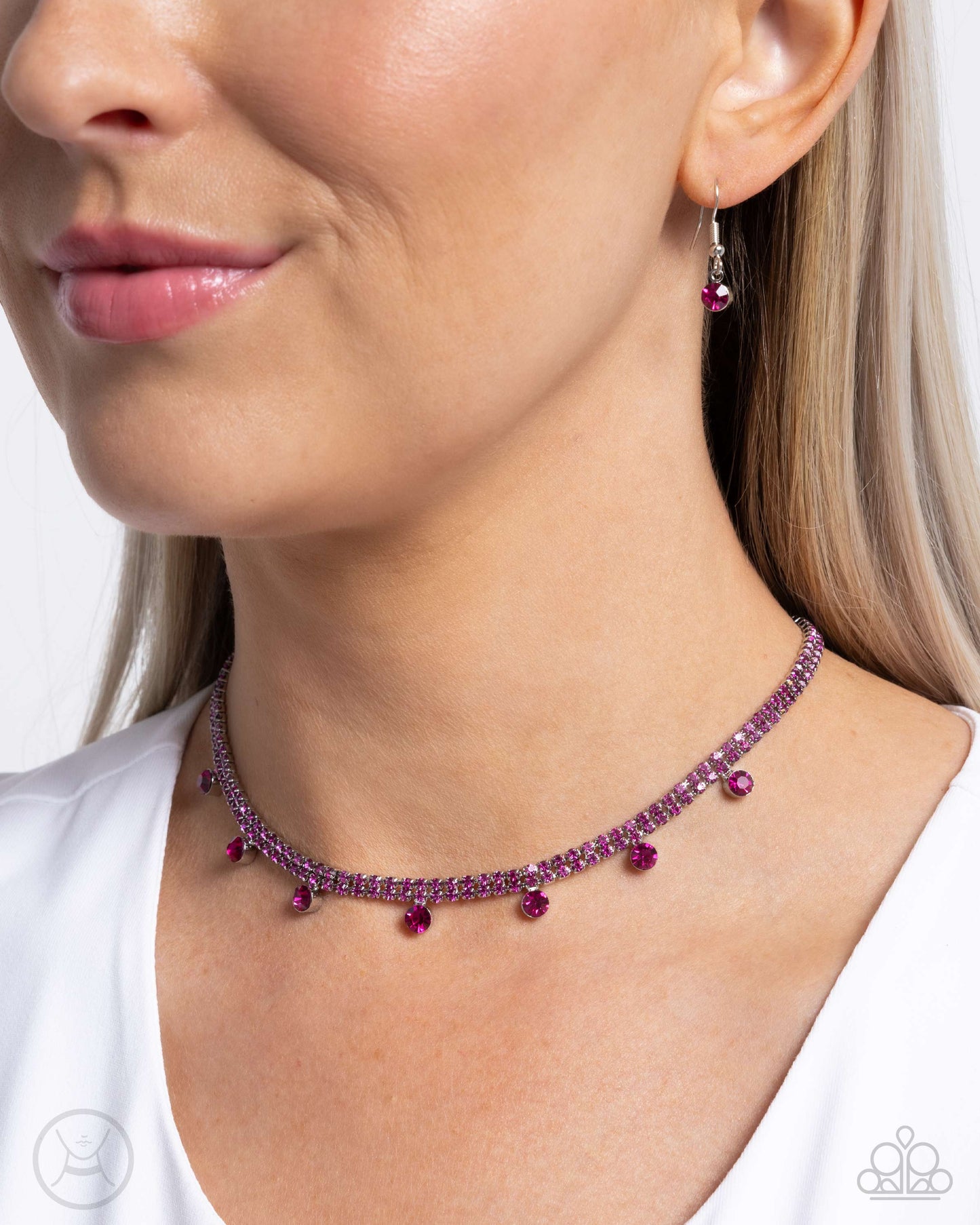 Breathtaking Backdrop - Pink Rhinestone Silver Choker Necklace - Paparazzi Accessories