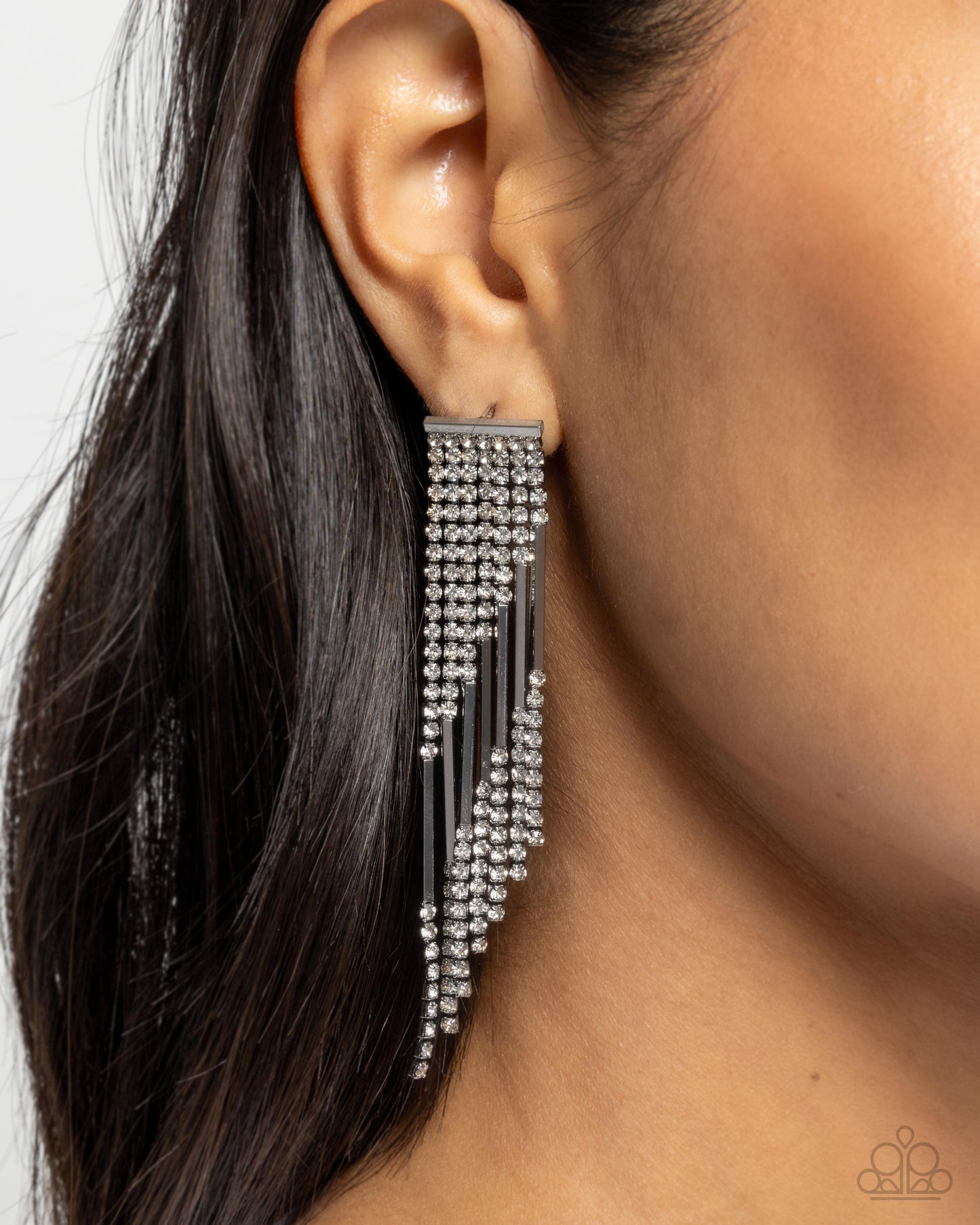 Careless Cascade - Black Gunmetal White Rhinestone Fringe Post Earrings - Paparazzi Accessories