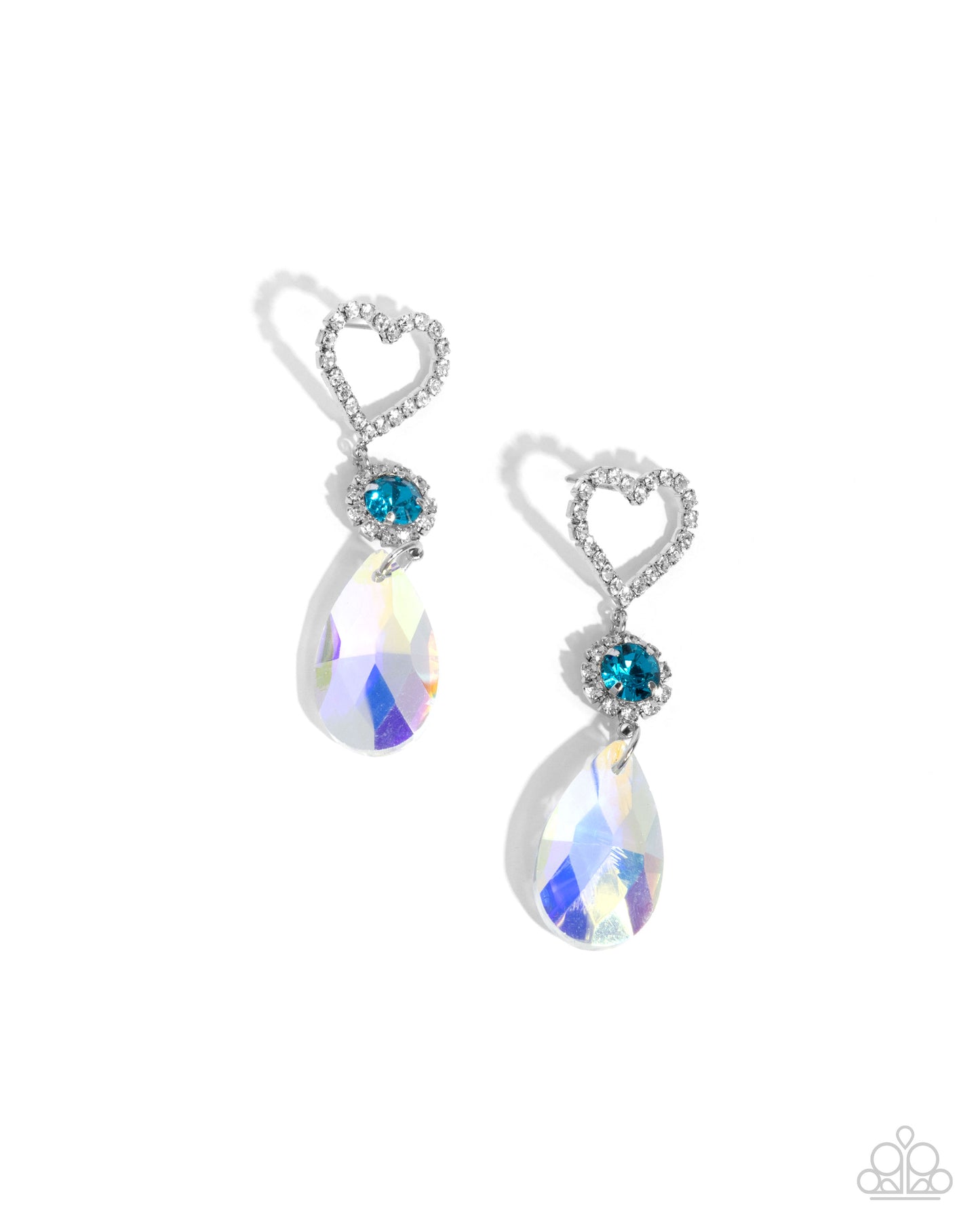 Faceted Frenzy - Blue Rhinestone Iridescent Crystal White Rhinestone Heart Post Earrings - Paparazzi Accessories