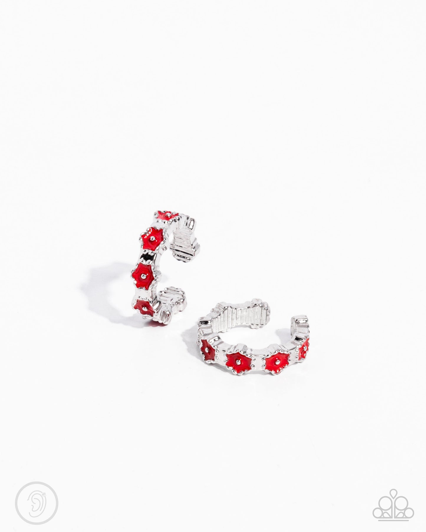 Darling Daydream - Red Enamel Flower Silver Ear Cuff Earrings - Paparazzi Accessories