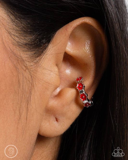 Darling Daydream - Red Enamel Flower Silver Ear Cuff Earrings - Paparazzi Accessories
