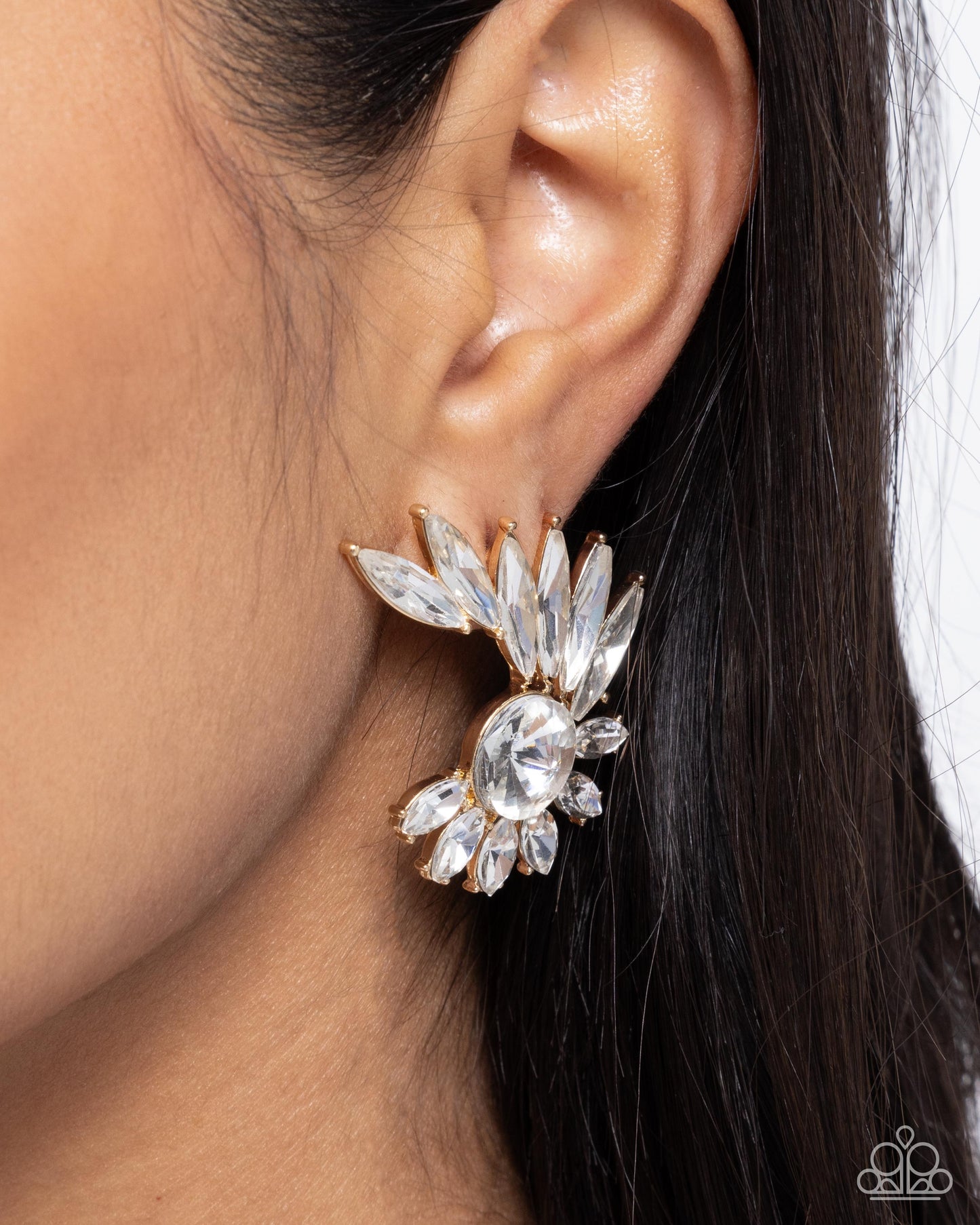 Greek Glam - Gold & White Rhinestone Post Earrings - Paparazzi Accessories