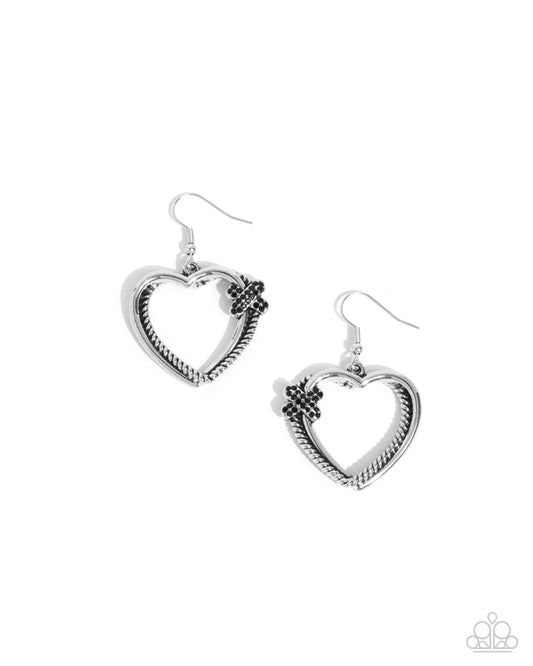 Crisscross Courtship - Black Rhinestone Heart Fishhook Earrings - Paparazzi Accessories