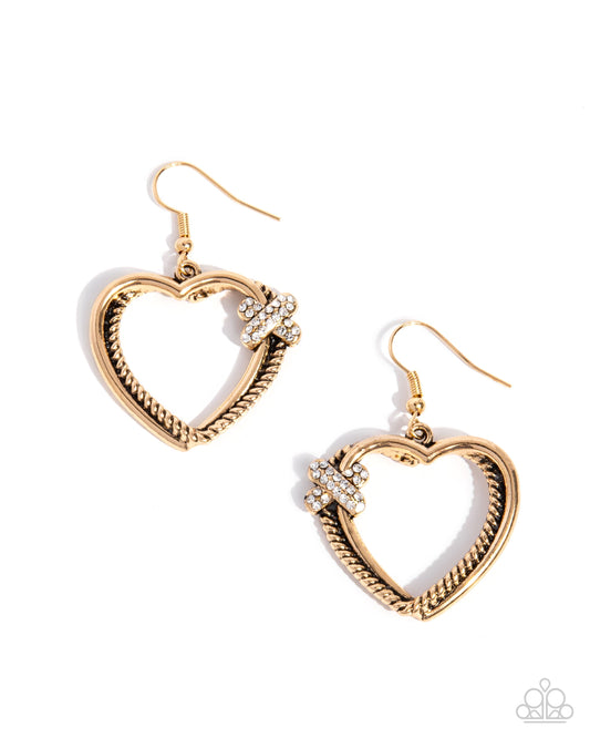 Crisscross Courtship - Gold Heart Fishhook Earrings - Paparazzi Accessories