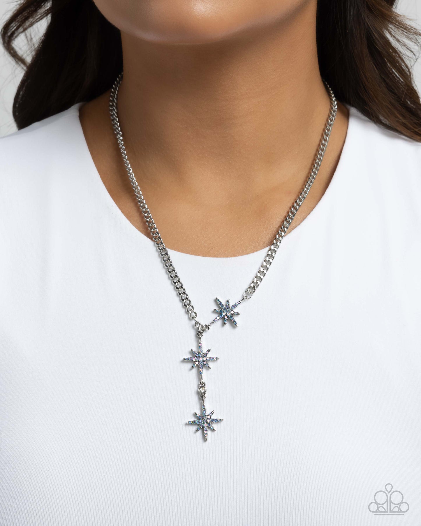 Stellar Story - Blue Iridescent Rhinestone Silver Stars Necklace - Paparazzi Accessories