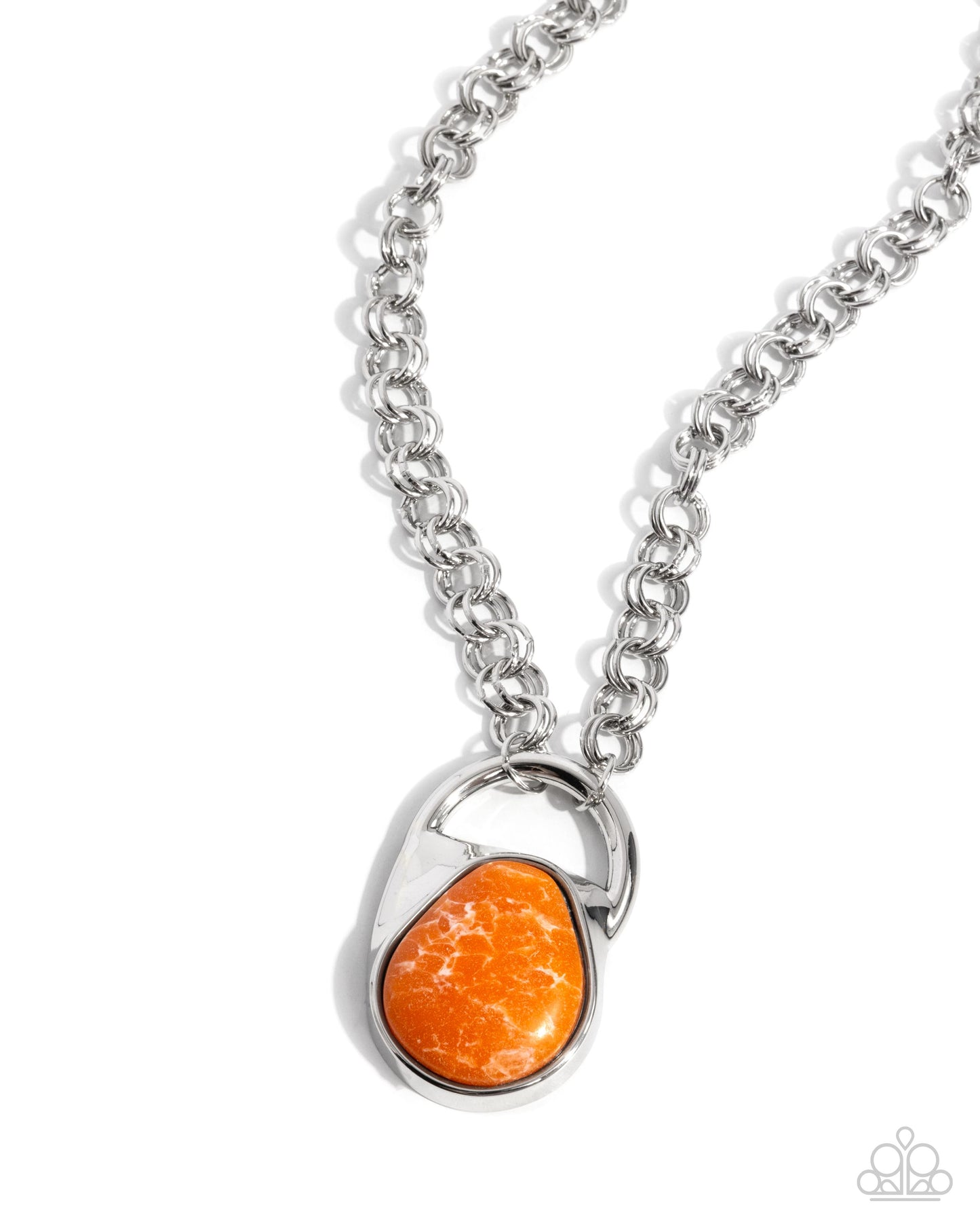 Change of Country - Orange Marbled Stone Padlock-inspired Pendant Silver Necklace - Paparazzi Accessories