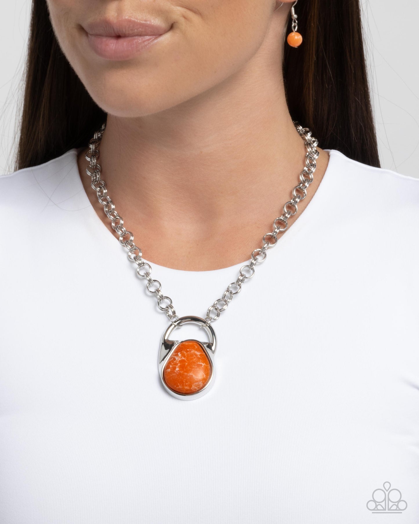 Change of Country - Orange Marbled Stone Padlock-inspired Pendant Silver Necklace - Paparazzi Accessories