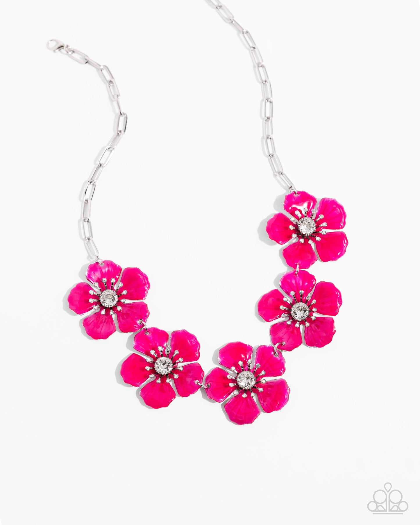 Eternal Efflorescence - Pink Painted Flowers Silver Necklace - Paparazzi Accessories